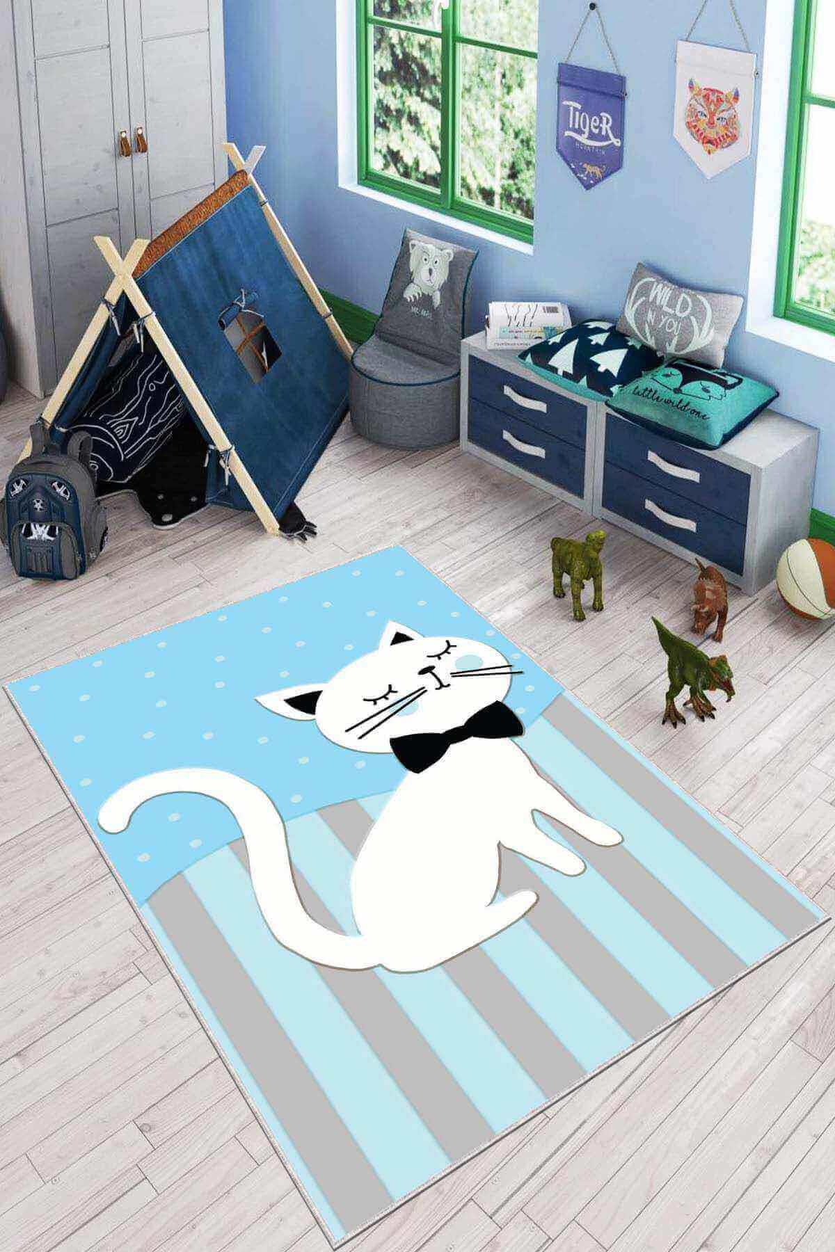 Viva Home KD006 Mavi 7 mm Mikropolyester Leke tutmaz Yıkanabilir İnce Kaymaz Dot Taban Dikdörtgen Makine Dokuma Çocuk Odası Halısı 100x300 cm
