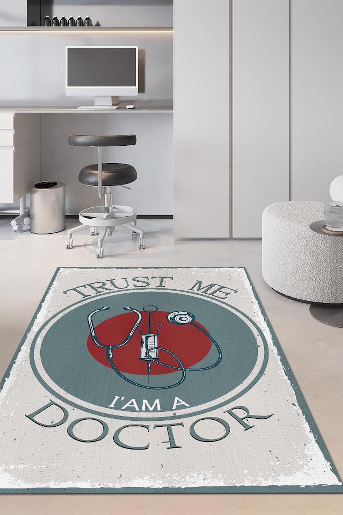 Homshtag Bana Güven Ben Doktorum Krem 4 mm Pamuk Antistatik Yıkanabilir İnce Kaymaz Dikdörtgen Makine Dokuma Ofis Halısı 156x230 cm