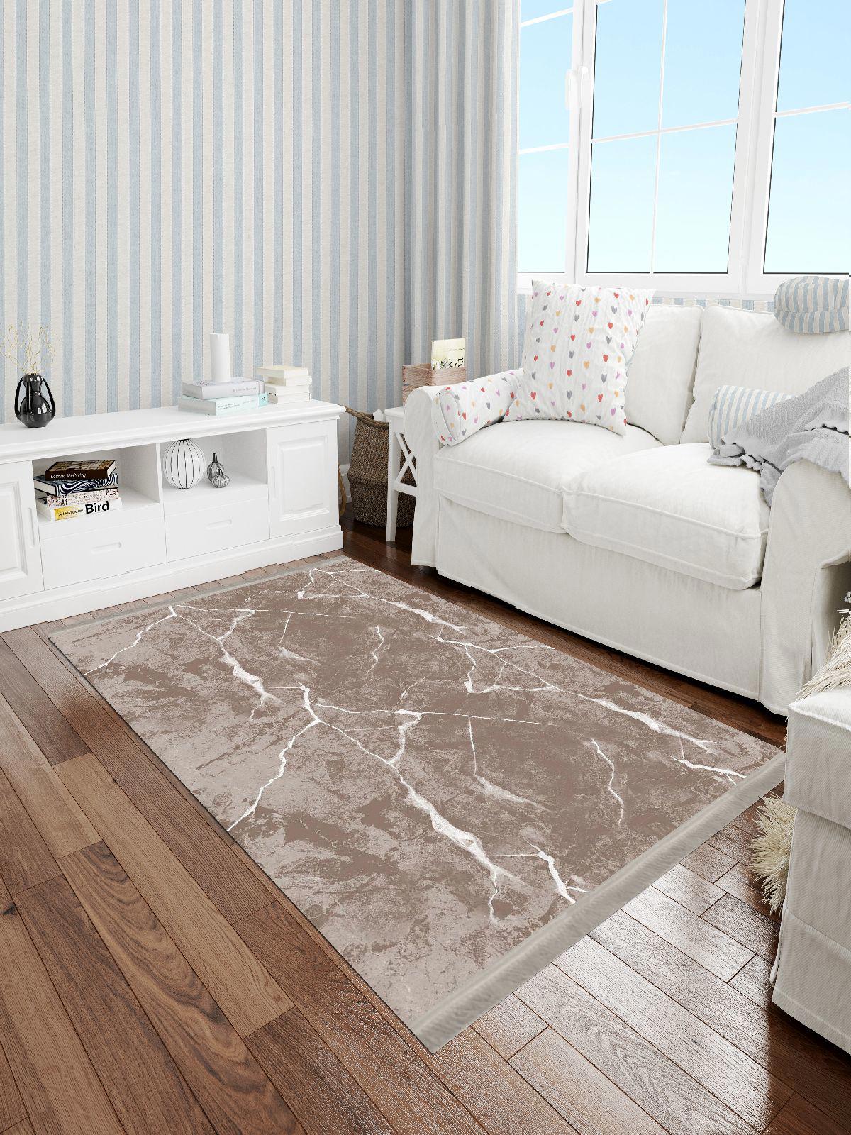 Enbe Collection E-ST1019D Kahverengi 5 mm Pamuk Antibakteriyel Yıkanabilir Orta Kaymaz Dot Taban Dikdörtgen Makine Dokuma Oturma Odası Halısı 160x230 cm