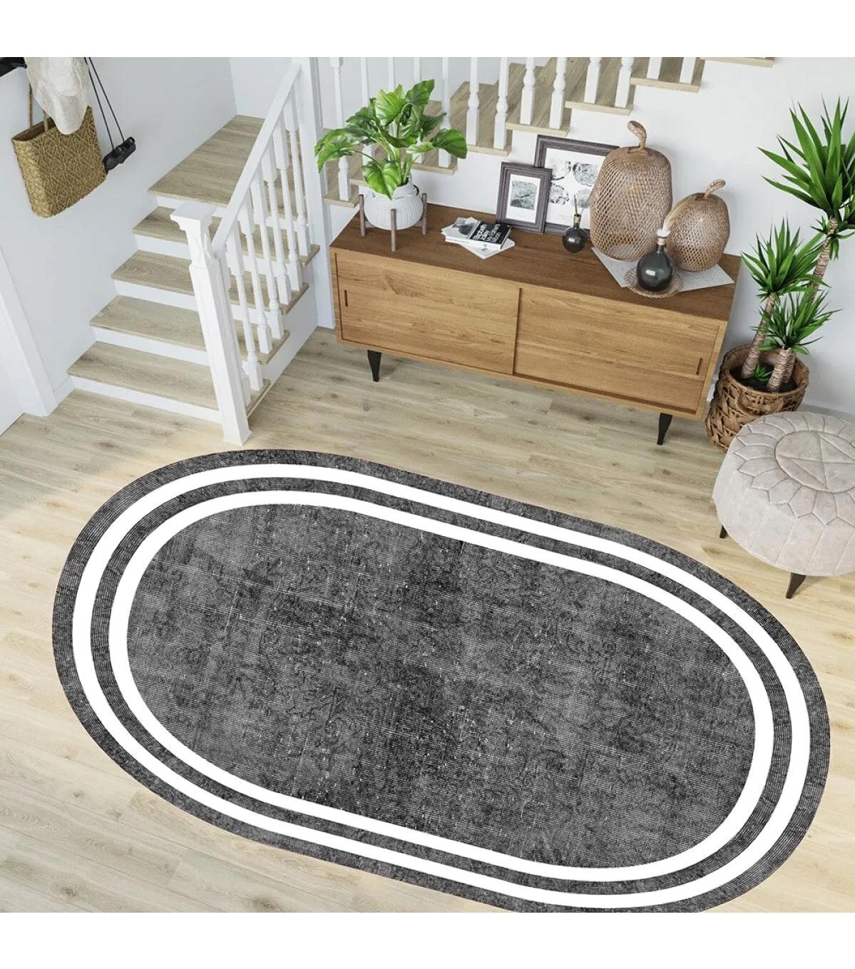 Rovigo Home RVG7256-HT575 Beyaz-Gri 8 mm Polyester Yıkanabilir Orta Kaymaz Dot Taban Dikdörtgen Makine Dokuma Salon Halısı 80x150 cm