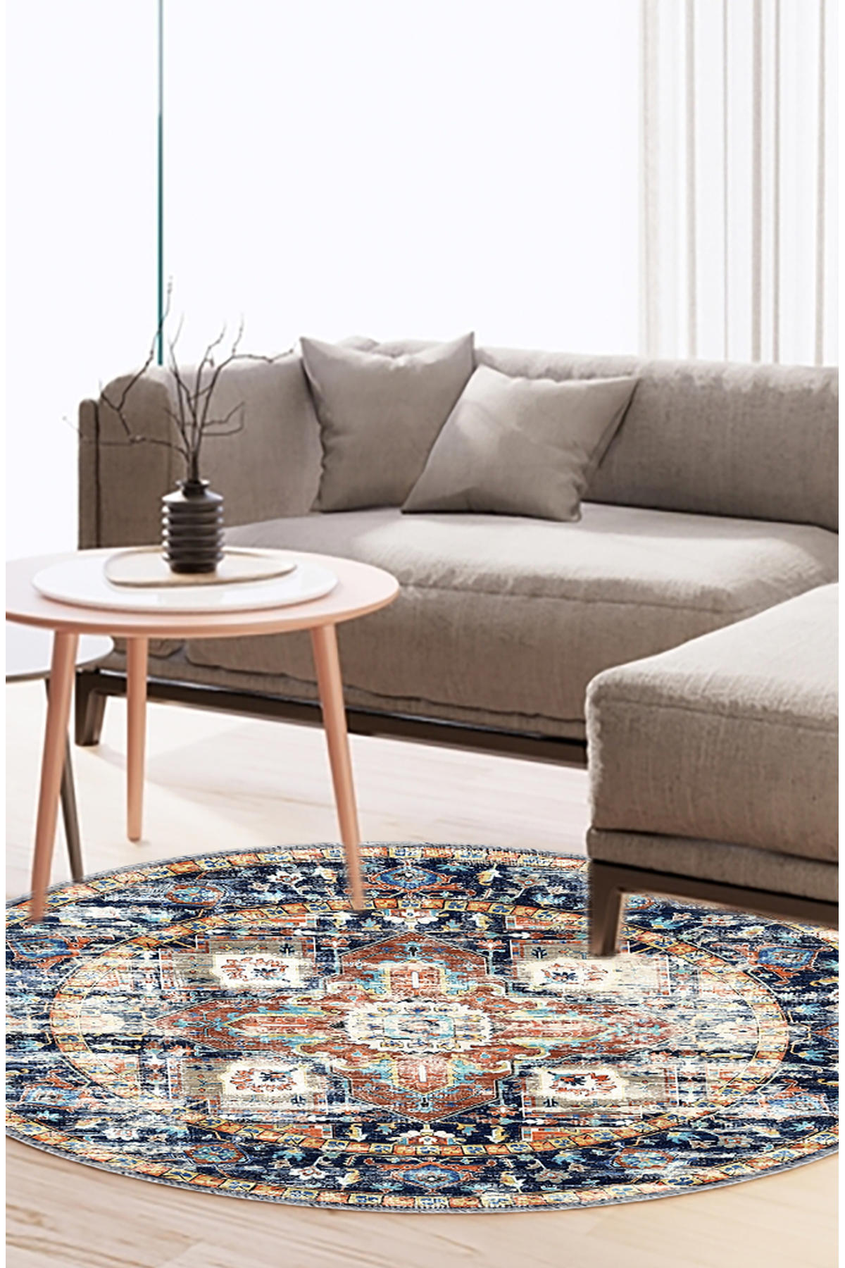Artizon ART-Y-010 Mavi 0.8 mm Polyester Toz Tutmaz Yıkanabilir İnce Kaymaz Dot Taban Yuvarlak Makine Dokuma Salon Halısı 180x180 cm