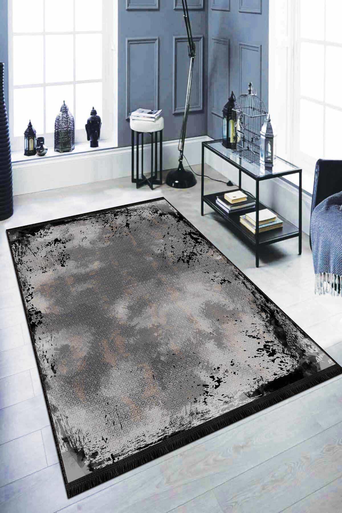 Viva Home AR303 Antrasit 7 mm Mikropolyester Yıkanabilir İnce Kaymaz Jüt Taban Dikdörtgen Makine Dokuma Salon Halısı 80x150 cm