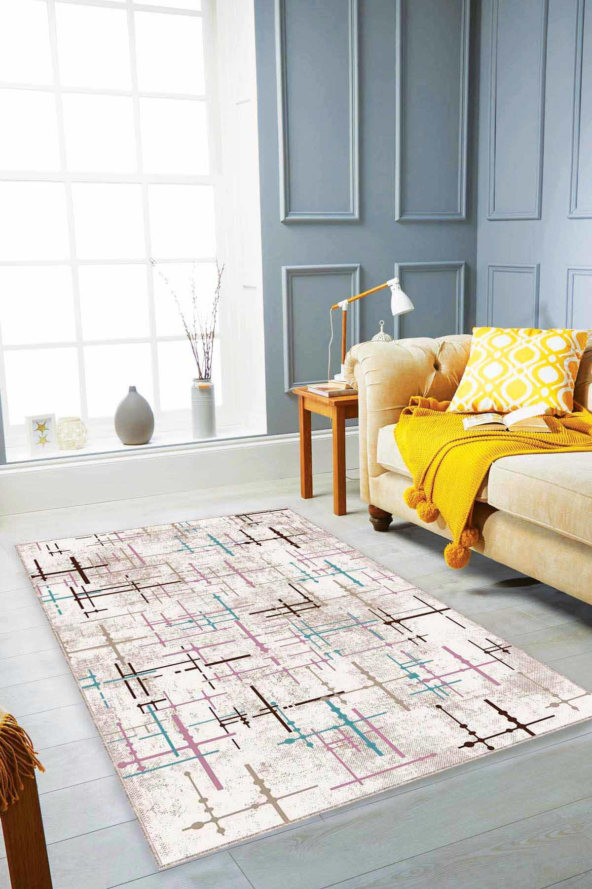 Viva Home MN03 Pembe-Turkuaz 7 mm Mikropolyester Leke Tutmaz Yıkanabilir İnce Kaymaz Dot Taban Dikdörtgen Makine Dokuma Salon Halısı 120x200 cm