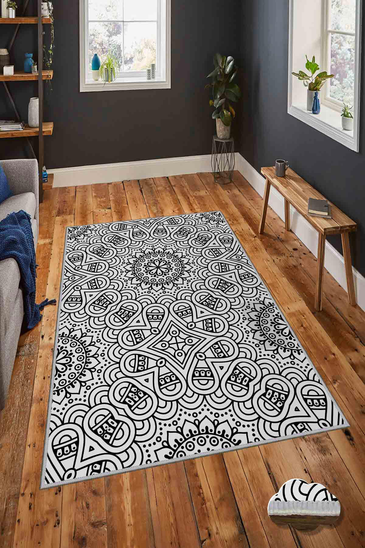 Homefesto Krem 5 mm Polyester Leke Tutmaz Yıkanabilir İnce Kaymaz Taban Geometrik Dikdörtgen Makine Dokuma Salon Halısı 100x200 cm