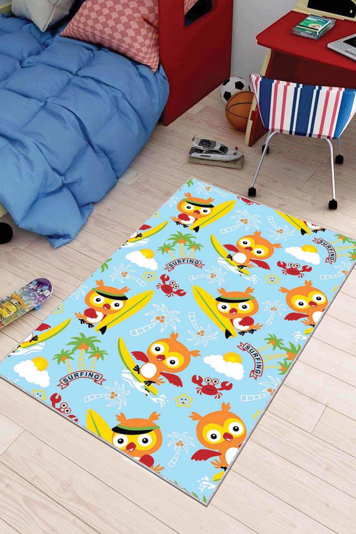 Viva Home AR038 Mavi 7 mm Mikropolyester Leke tutmaz Yıkanabilir İnce Kaymaz Dot Taban Dikdörtgen Makine Dokuma Çocuk Odası Halısı 160x230 cm