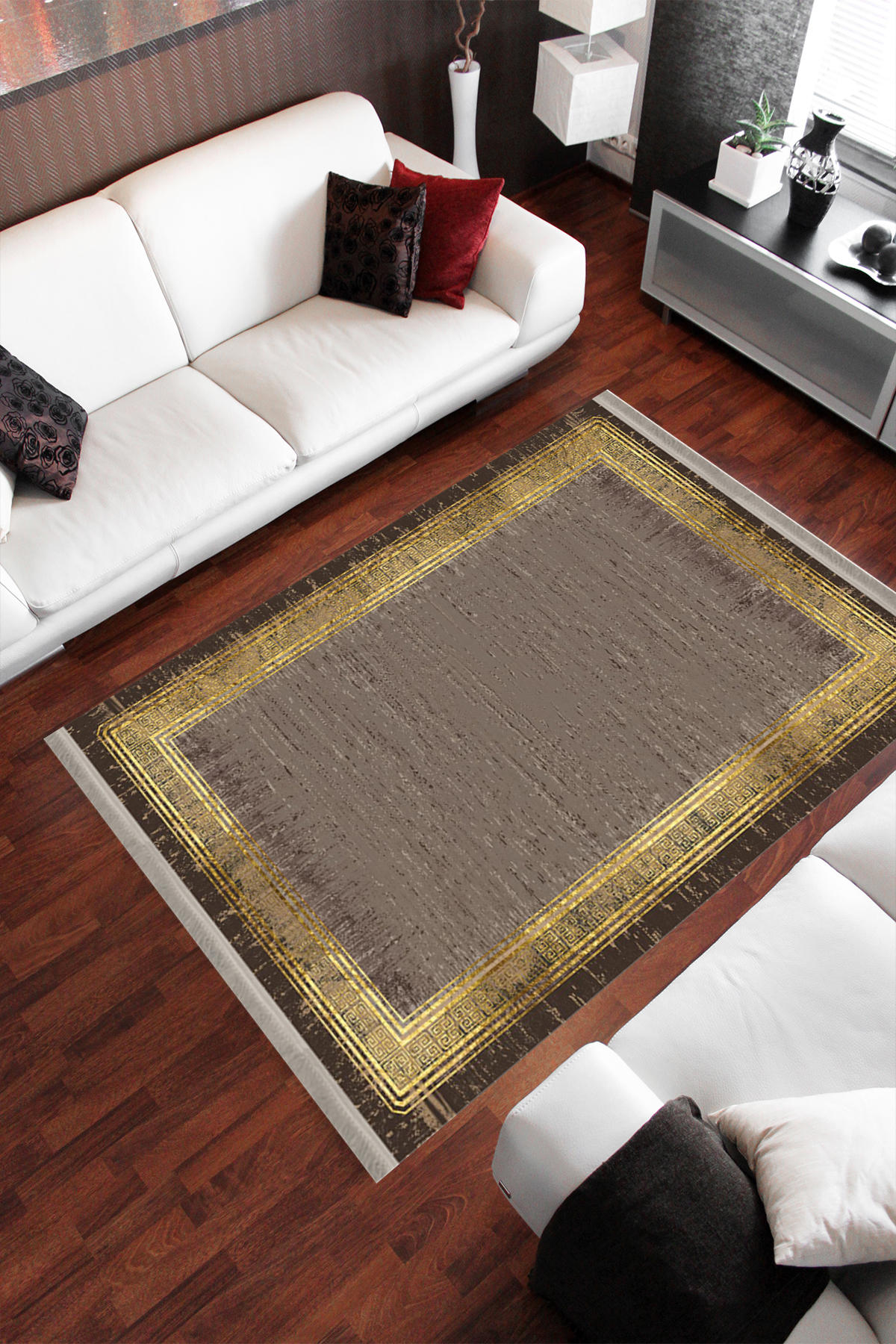 Homier Collection H-DK-5184A Altın-Gri 7 mm Pamuk Antibakteriyel Yıkanabilir Orta Kaymaz Dot Taban Dikdörtgen Makine Dokuma Salon Halısı 140x200 cm