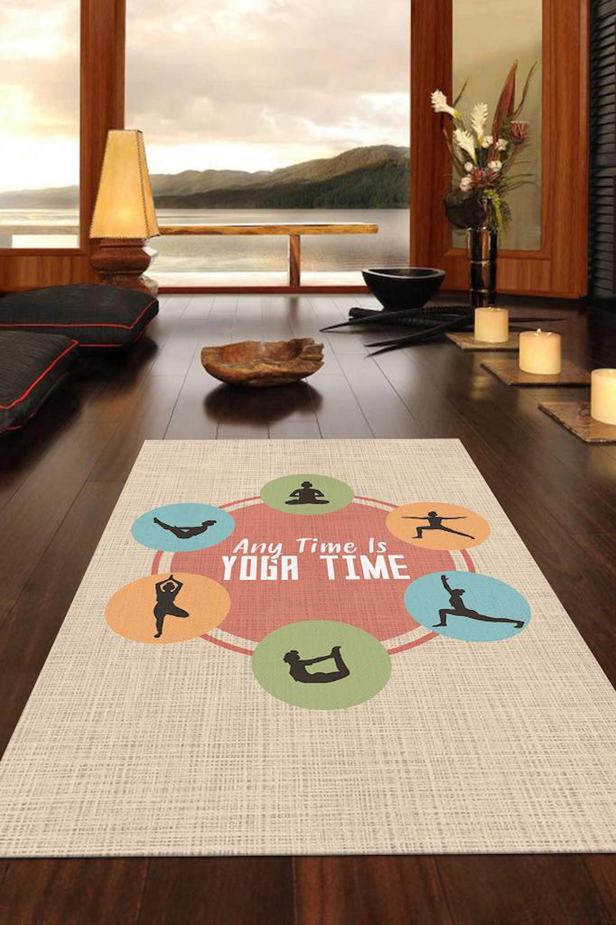 Homshtag Her Zaman Yoga Vakti Çok Renkli 4 mm Pamuk Antistatik Yıkanabilir İnce Kaymaz Dikdörtgen Makine Dokuma Hobi Odası Halısı 120x200 cm