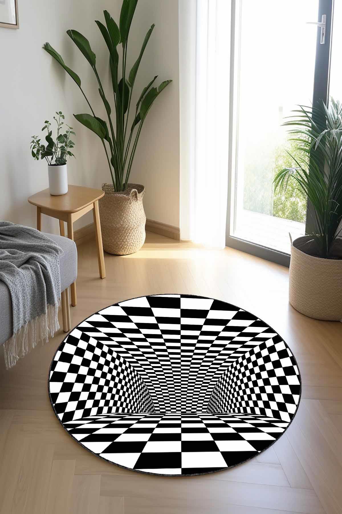 Viva Home ILI005 Beyaz - Siyah 7 mm Mikropolyester Antibakteriyel Yıkanabilir Kalın Kaymaz Lateks Taban Yuvarlak Makine Dokuma Salon Halısı 200x290 cm