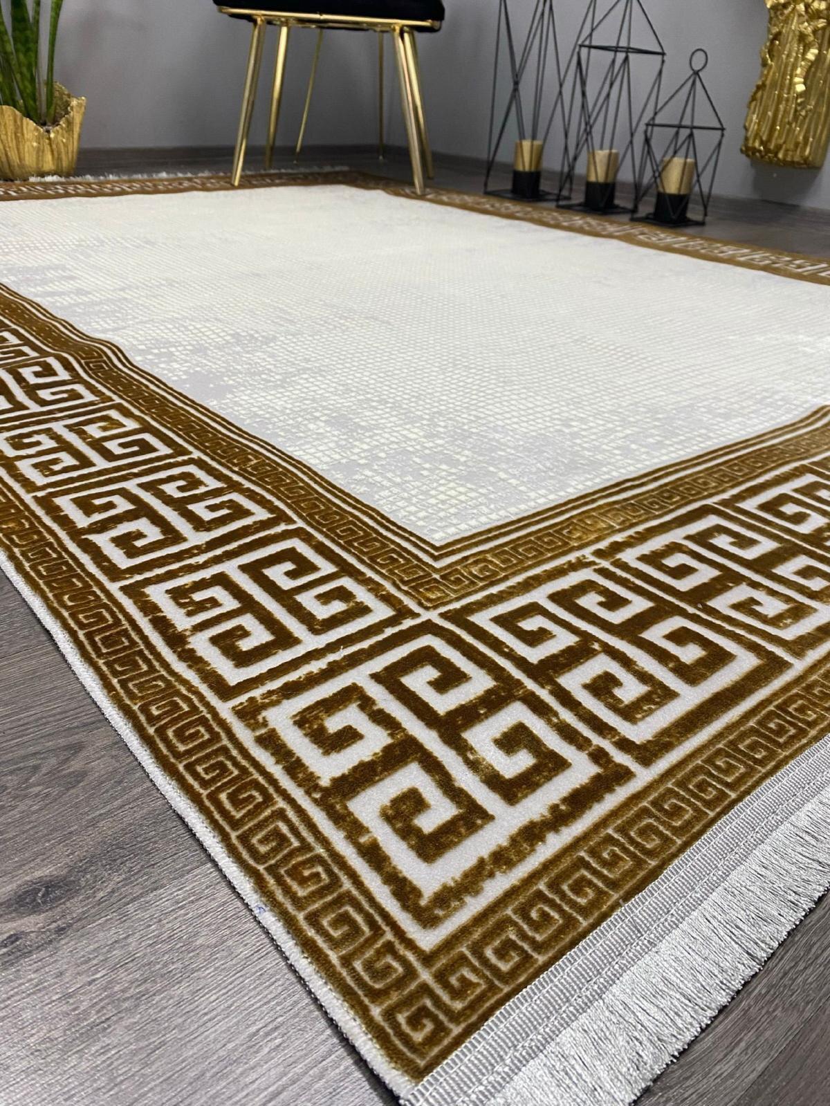 Halı Furyası Altın - Krem 8.5 mm Bambu Antibakteriyel Yıkanabilir Orta Kaymaz Dikdörtgen Makine Dokuma Oturma Odası-Salon Halısı 300x400 cm