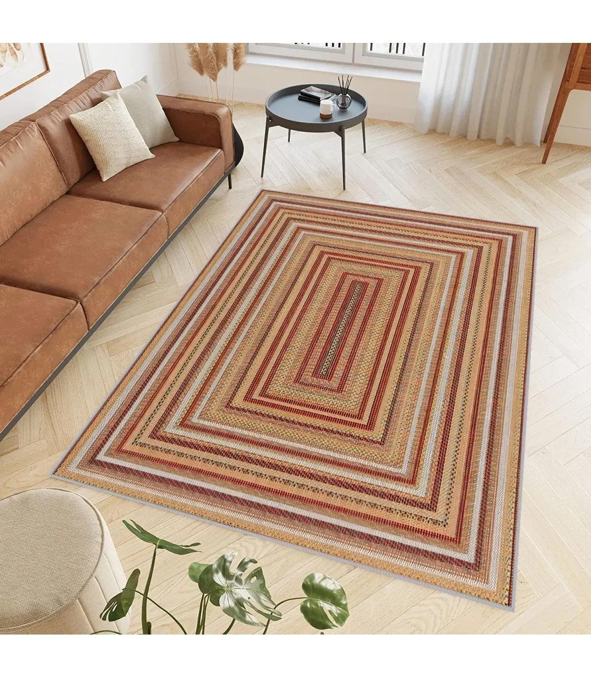 Rovigo Home RVG0565 Bej - Kırmızı 8 mm Polyester Antibakteriyel-Leke Tutmaz-Toz Tutmaz Yıkanabilir İnce Kaymaz Dot Taban Dikdörtgen Makine Dokuma Salon Halısı 160x230 cm