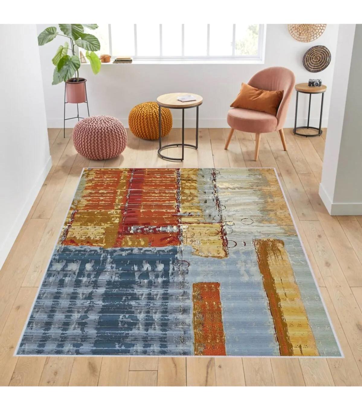 Rovigo Home RVG1737 Çok Renkli 8 mm Polyester Antibakteriyel-Leke Tutmaz-Toz Tutmaz Yıkanabilir İnce Kaymaz Dot Taban Dikdörtgen Makine Dokuma Salon Halısı 160x230 cm