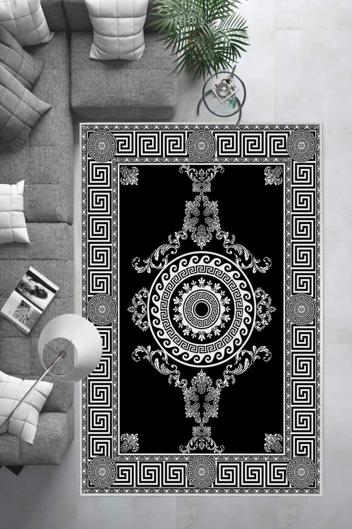Aldora Siyah 9 mm Deri Antibakteriyel Yıkanabilir Kalın Kaymaz Lateks Taban Dikdörtgen Makine Dokuma Salon Halısı 100x200 cm