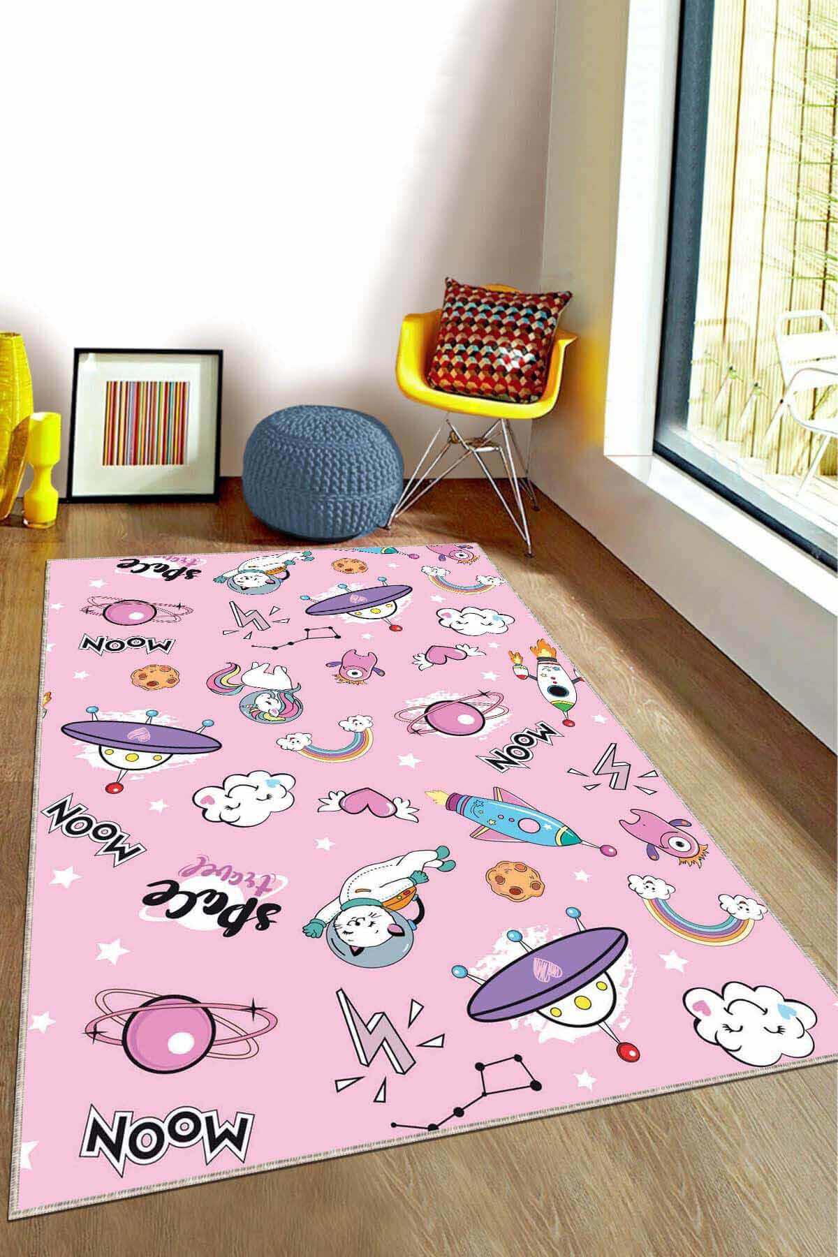 Viva Home KD119 Pembe 7 mm Mikropolyester Leke Tutmaz Yıkanabilir İnce Kaymaz Dot Taban Dikdörtgen Makine Dokuma Çocuk Odası Halısı 80x500 cm