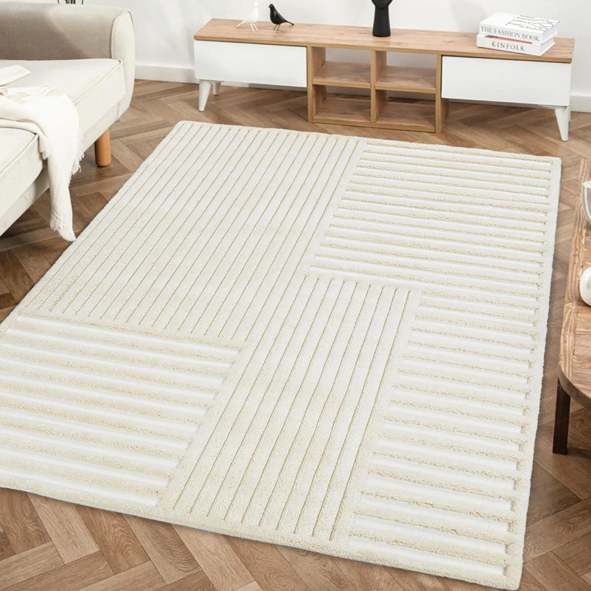 Giza Home Madu 1390Y Krem 20 mm Polyester Antibakteriyel Yıkanabilir Kalın Kaymaz Geometrik Dikdörtgen Makine Dokuma Çocuk Odası-Oturma Odası Halısı 100x300 cm