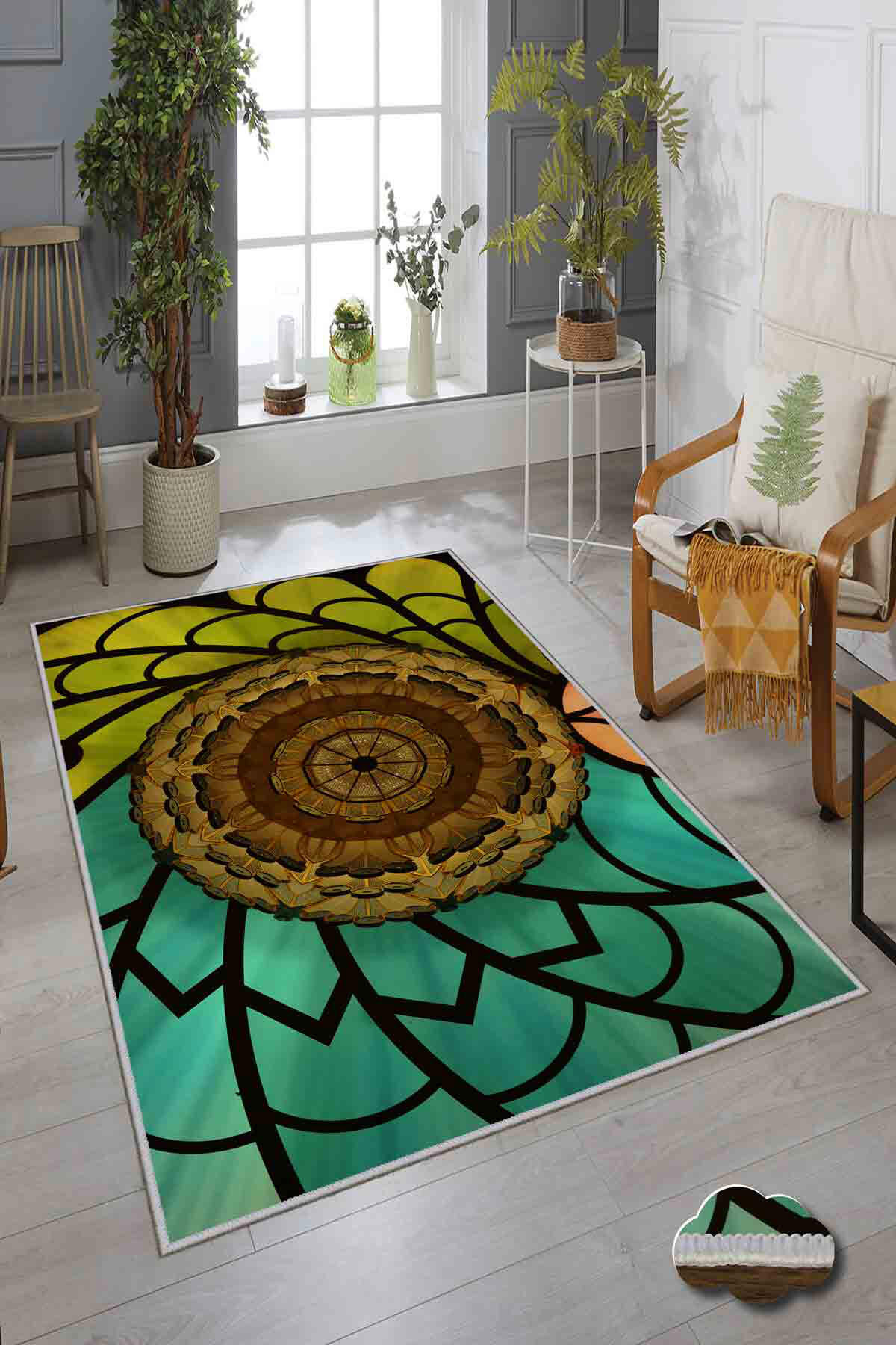 Homefesto Krem 5 mm Polyester Leke Tutmaz Yıkanabilir İnce Kaymaz Taban Geometrik Dikdörtgen Makine Dokuma Salon Halısı 120x180 cm