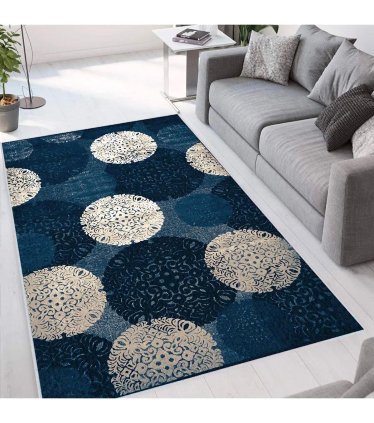 Rovigo Home RVG1657 Bej - Mavi 8 mm Polyester Antibakteriyel-Leke Tutmaz-Toz Tutmaz Yıkanabilir İnce Kaymaz Dot Taban Dikdörtgen Makine Dokuma Salon Halısı 80x500 cm