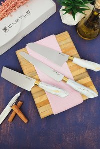 CASTLE KITCHEN Papatya Serisi 3 Lü Mutfak Bıçak Seti ( Ekmek - Nakiri - Sivri Şef )