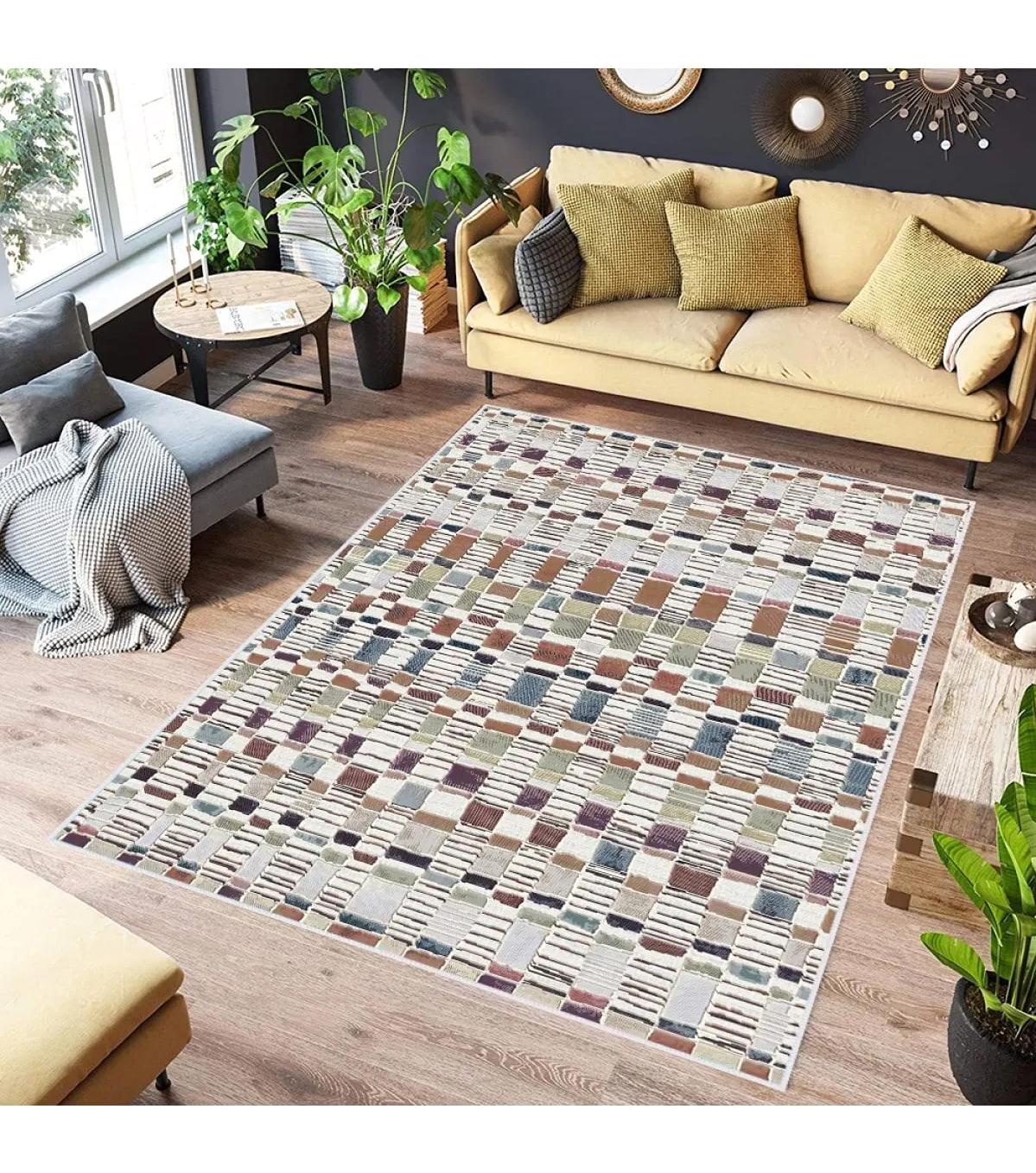 Rovigo Home RVG0545 Çok Renkli 8 mm Polyester Antibakteriyel-Leke Tutmaz-Toz Tutmaz Yıkanabilir İnce Kaymaz Dot Taban Dikdörtgen Makine Dokuma Salon Halısı 100x300 cm