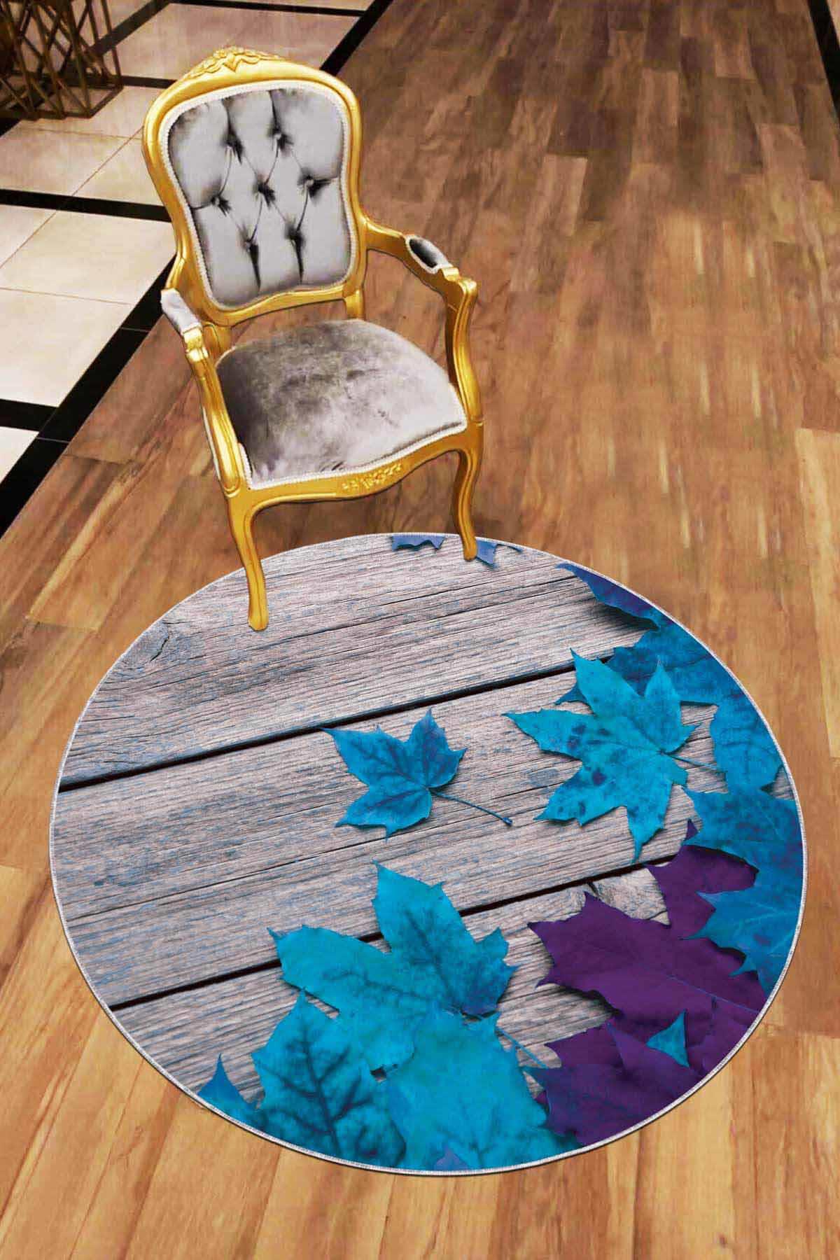 Viva Home AR415 Mavi 7 mm Mikropolyester Antibakteriyel Yıkanabilir İnce Kaymaz Yuvarlak Makine Dokuma Salon Halısı 140x200 cm