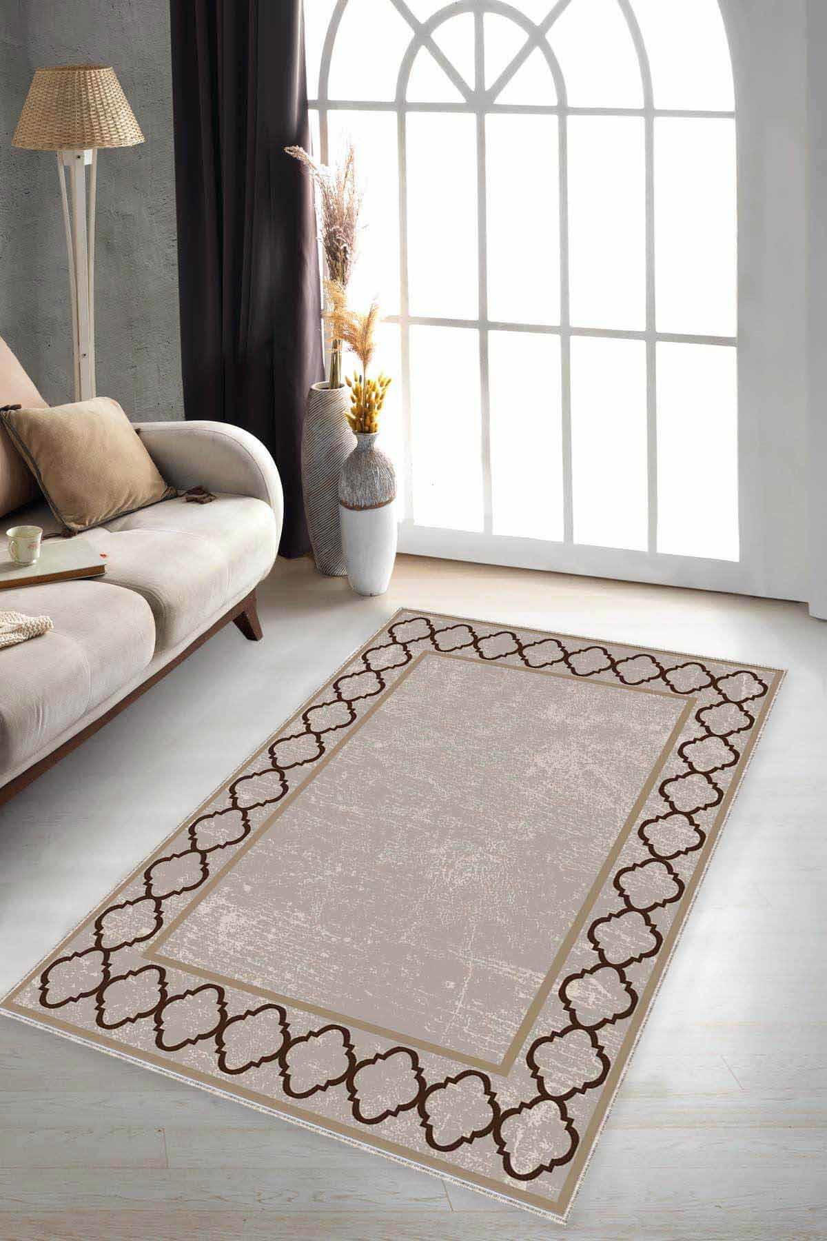 Viva Home MK78 Bej 7 mm Mikropolyester Yıkanabilir İnce Kaymaz Jüt Taban Dikdörtgen Makine Dokuma Salon Halısı 160x230 cm