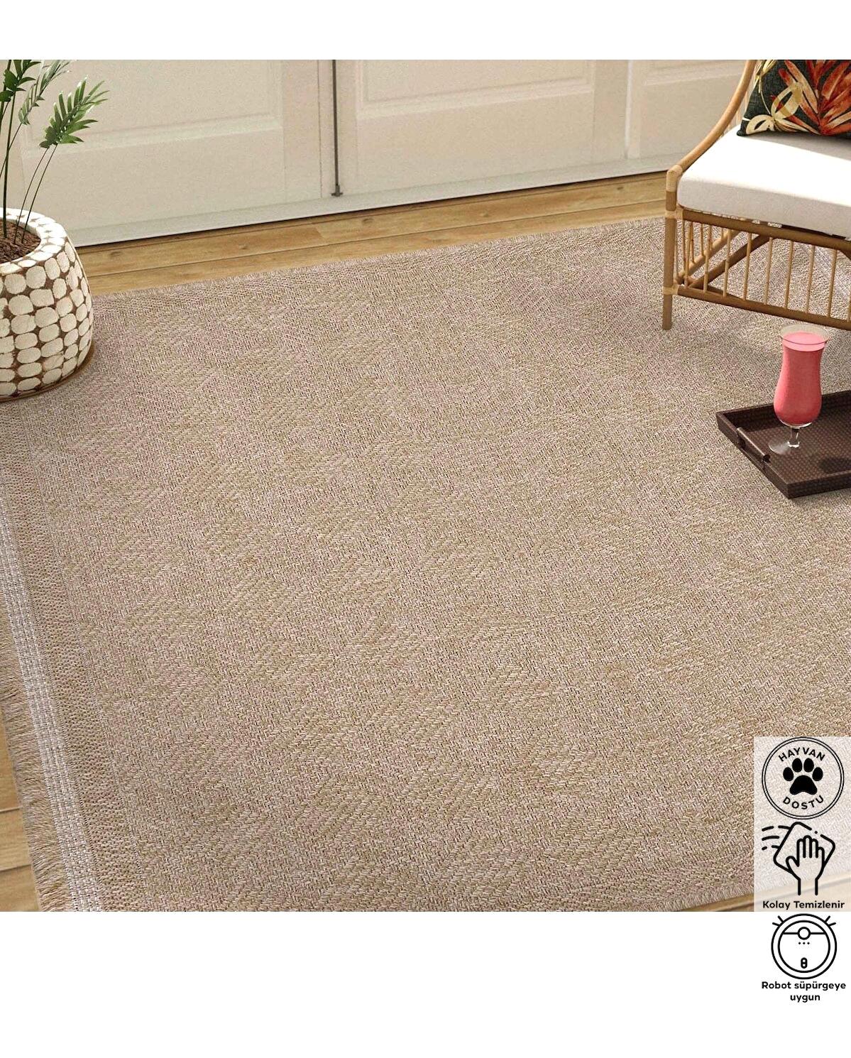 Inter Weaving Vizon 0.8 mm Polipropilen Yıkanabilir İnce Kaymaz Jüt Taban Dikdörtgen Makine Dokuma Salon Halısı 80x150 cm