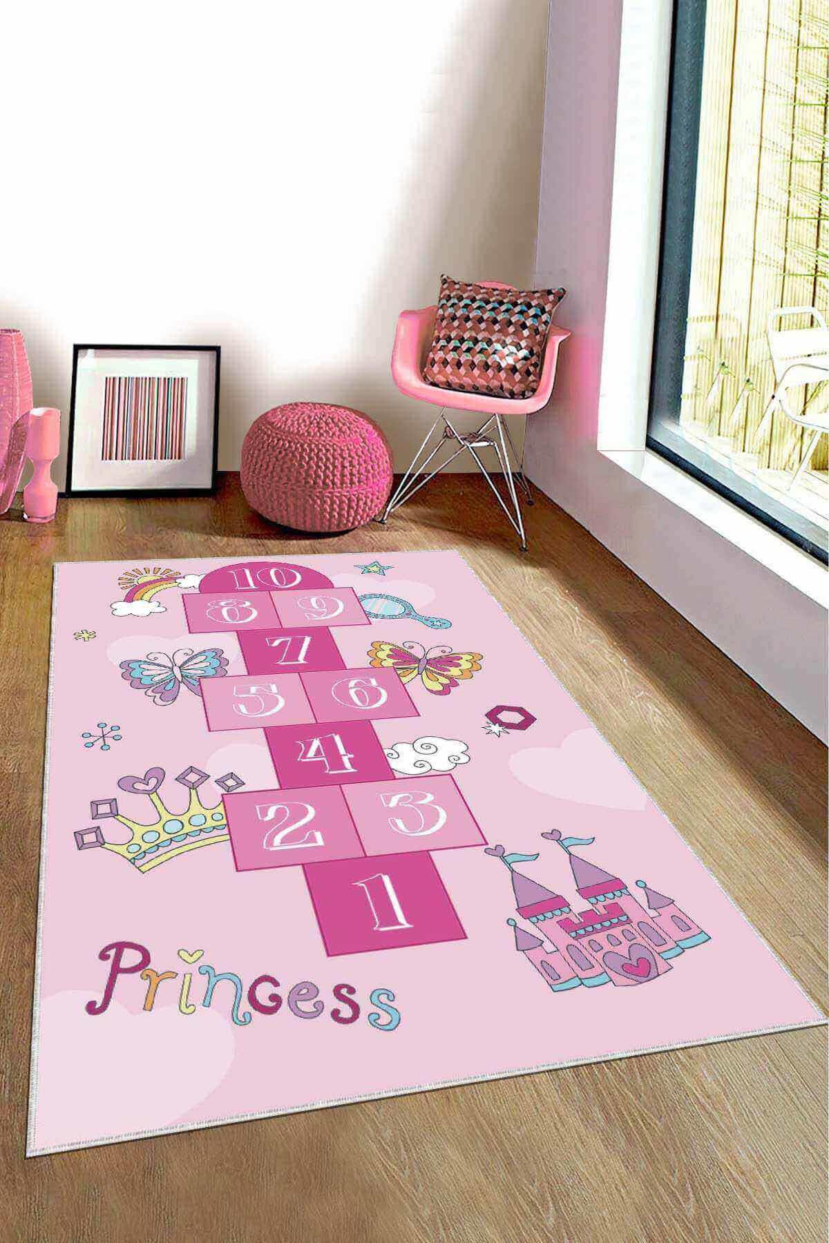 Viva Home KD065 Pembe 7 mm Mikropolyester Leke Tutmaz Yıkanabilir İnce Kaymaz Dot Taban Dikdörtgen Makine Dokuma Çocuk Odası Halısı 160x230 cm