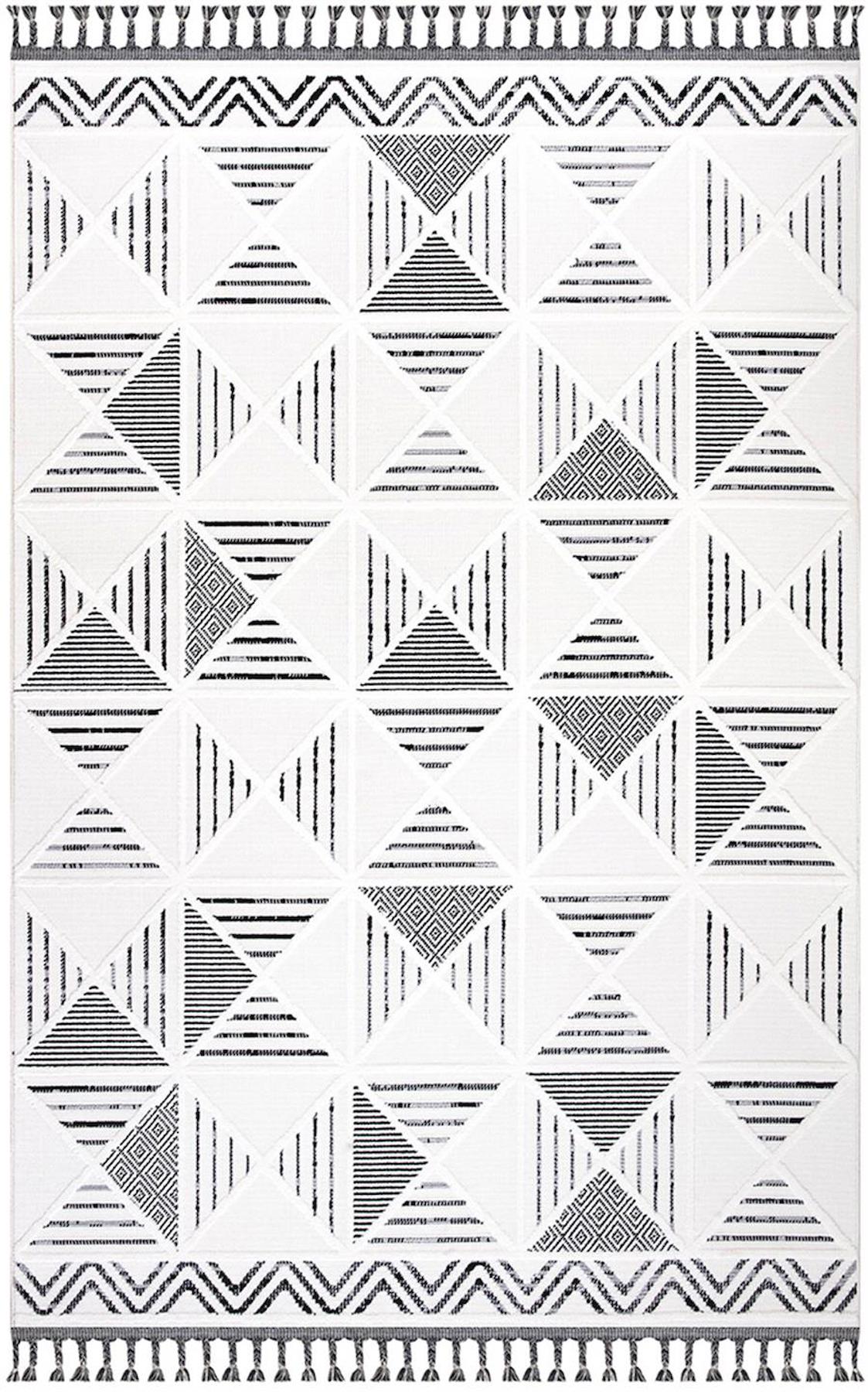 İpek Mekik Halı Lupin 18552 Gri 10 mm Polyester Yıkanabilir Orta Kaymaz Pamuk Taban Geometrik Dikdörtgen Antre-Çocuk Odası-Salon-Yatak Odası Halısı 180x350 cm