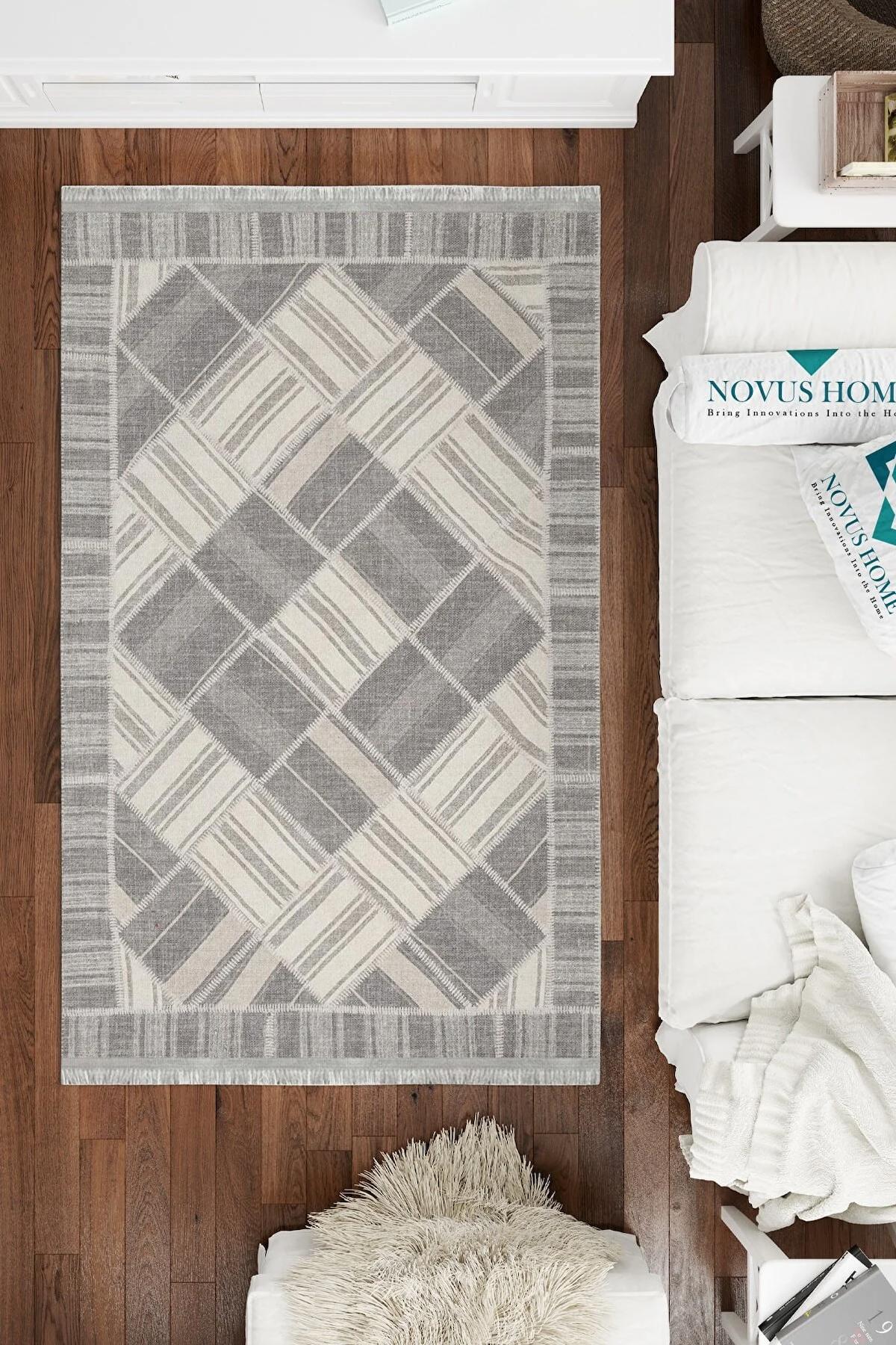 Novus Home Cotton Serisi Ekru - Gri 5 mm Pamuk Antibakteriyel-Toz Tutmaz-Yalıtıma Yardımcı Yıkanabilir İnce Kaymaz Taban Dikdörtgen Makine Dokuma Antre-Salon-Yatak Odası Halısı 80x300 cm