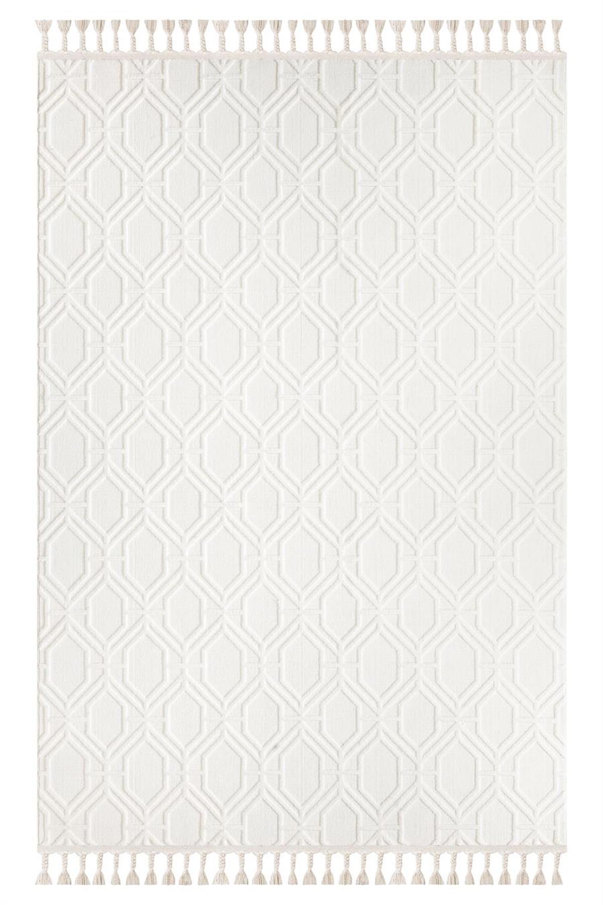İpek Mekik Halı Lux 11710 Beyaz 11 mm Polyester Yıkanabilir Orta Kaymaz Pamuk Taban Dikdörtgen Makine Dokuma Antre-Çocuk Odası-Salon-Yatak Odası Halısı 160x230 cm