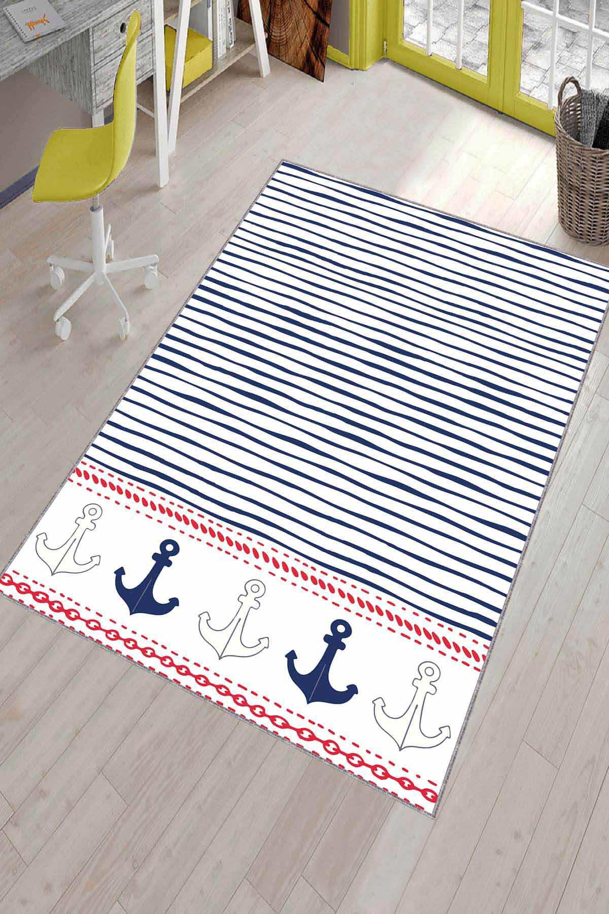 Viva Home AR1138 Lacivert 7 mm Mikropolyester Leke tutmaz Yıkanabilir İnce Kaymaz Dikdörtgen Makine Dokuma Çocuk Odası Halısı 80x150 cm