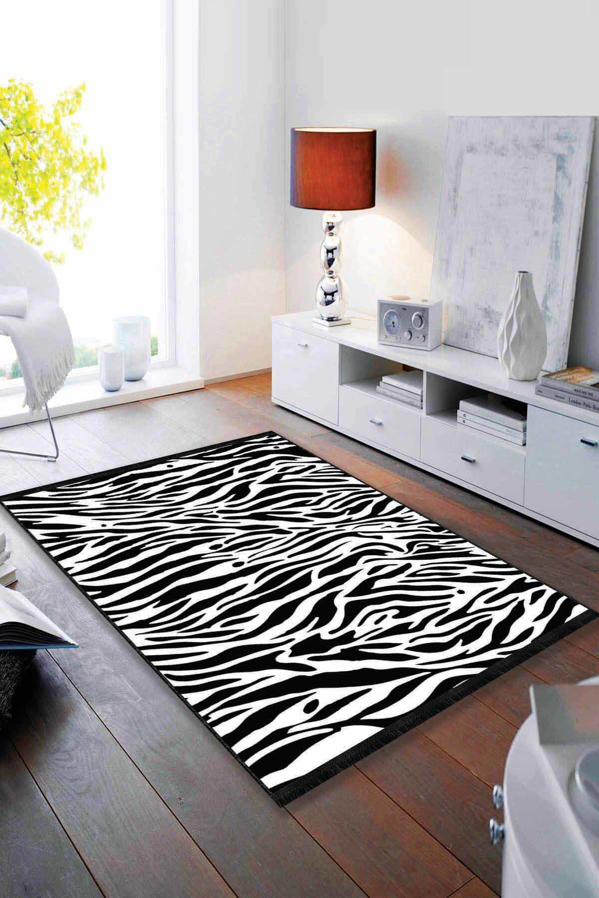 Viva Home AR403 Beyaz - Siyah 7 mm Mikropolyester Antibakteriyel Yıkanabilir Kalın Kaymaz Lateks Taban Dikdörtgen Makine Dokuma Salon Halısı 200x290 cm