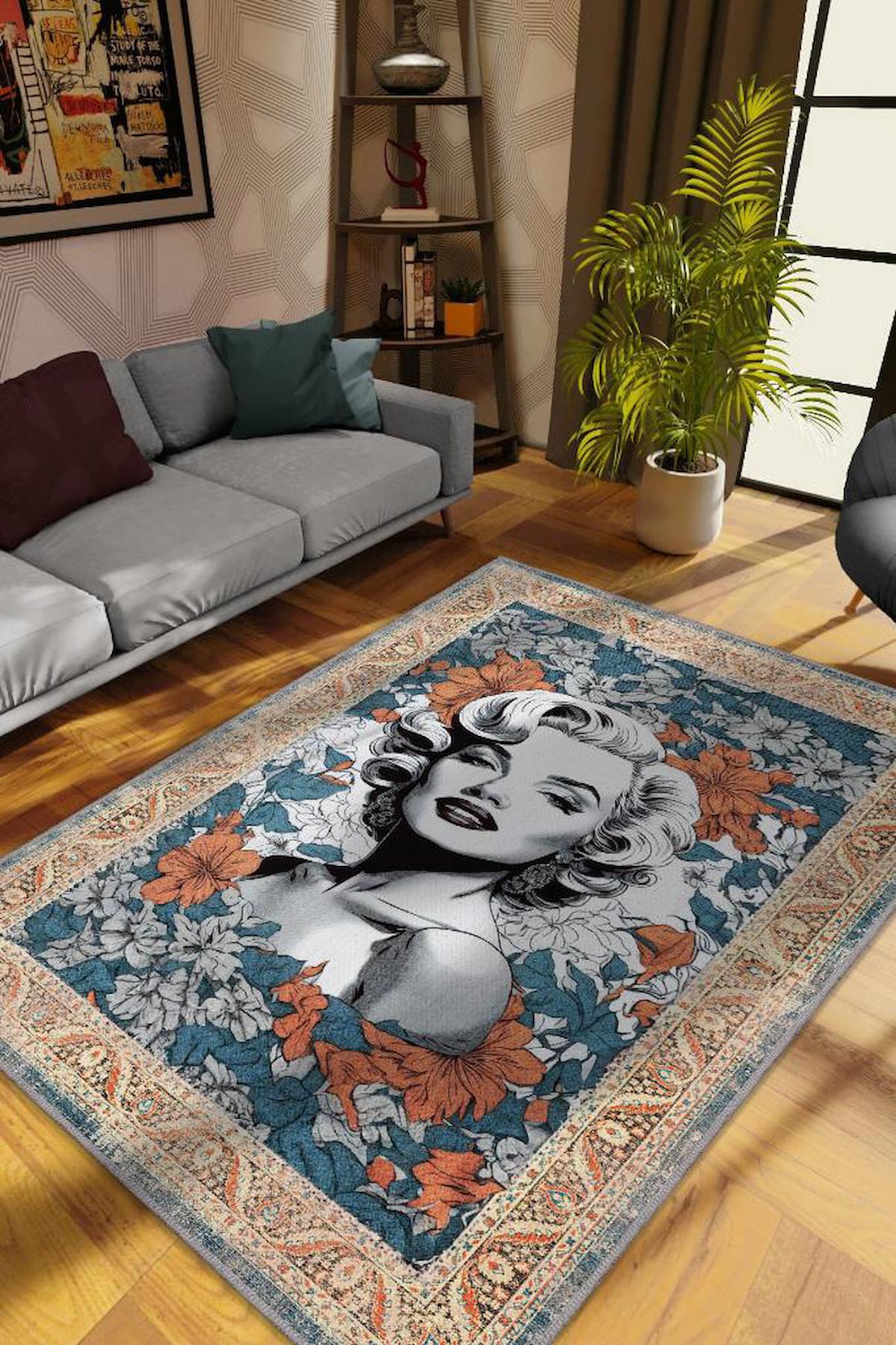Homshtag Marilyn Monroe Krem 4 mm Pamuk Antistatik Yıkanabilir İnce Kaymaz Dikdörtgen Makine Dokuma Salon Halısı 80x150 cm