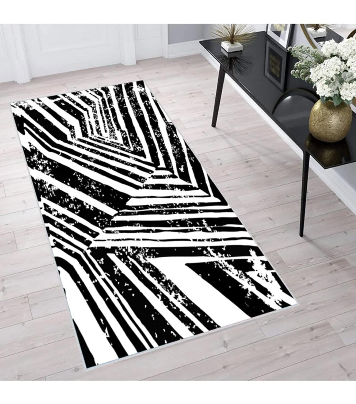 Rovigo Home RVG1520-HS560 Beyaz - Siyah 8 mm Polyester Leke Tutmaz-Toz Tutmaz Yıkanabilir İnce Kaymaz Dot Taban Dikdörtgen Makine Dokuma Salon Halısı 80x500 cm