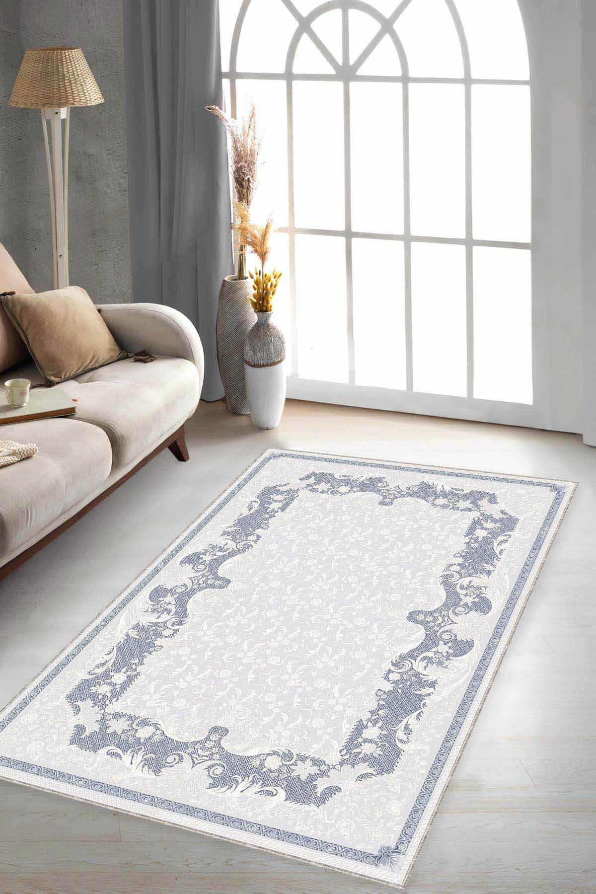 Viva Home MK106 Mavi 7 mm Mikropolyester Leke tutmaz Yıkanabilir İnce Kaymaz Taban Dikdörtgen Makine Dokuma Salon Halısı 100x300 cm