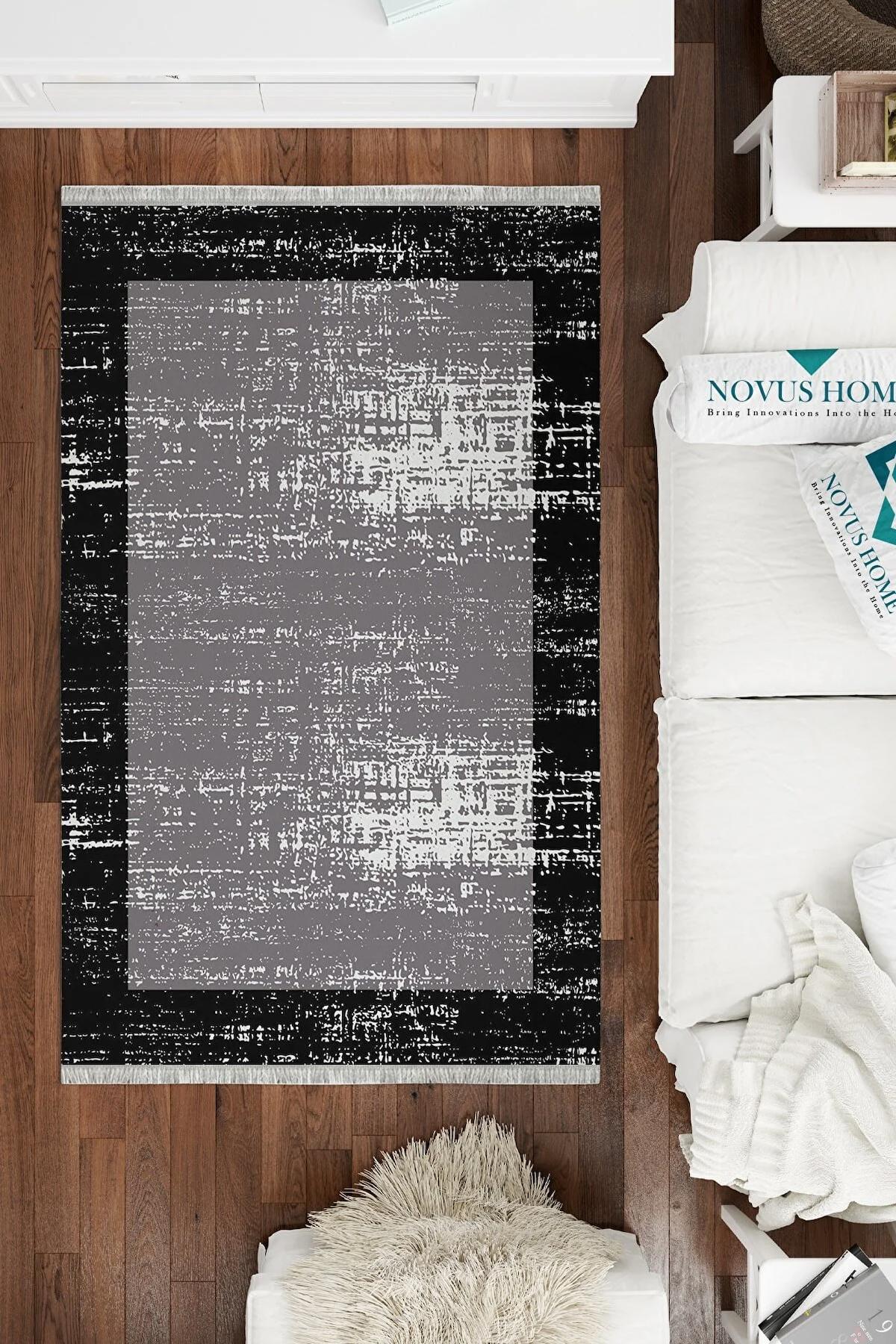 Novus Home Cotton Serisi Gri 5 mm Pamuk Antibakteriyel-Toz Tutmaz-Yalıtıma Yardımcı Yıkanabilir İnce Kaymaz Taban Dikdörtgen Makine Dokuma Antre-Salon-Yatak Odası Halısı 80x120 cm