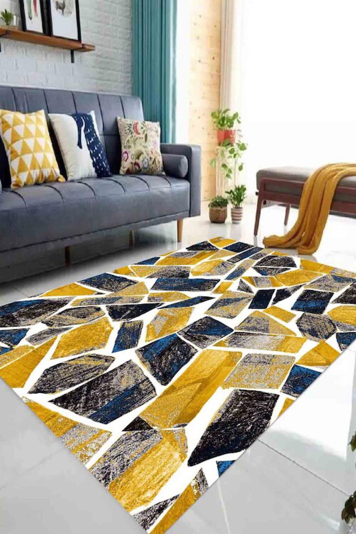 Homefesto Krem 5 mm Polyester Leke Tutmaz Yıkanabilir İnce Kaymaz Taban Dikdörtgen Makine Dokuma Salon Halısı 120x120 cm