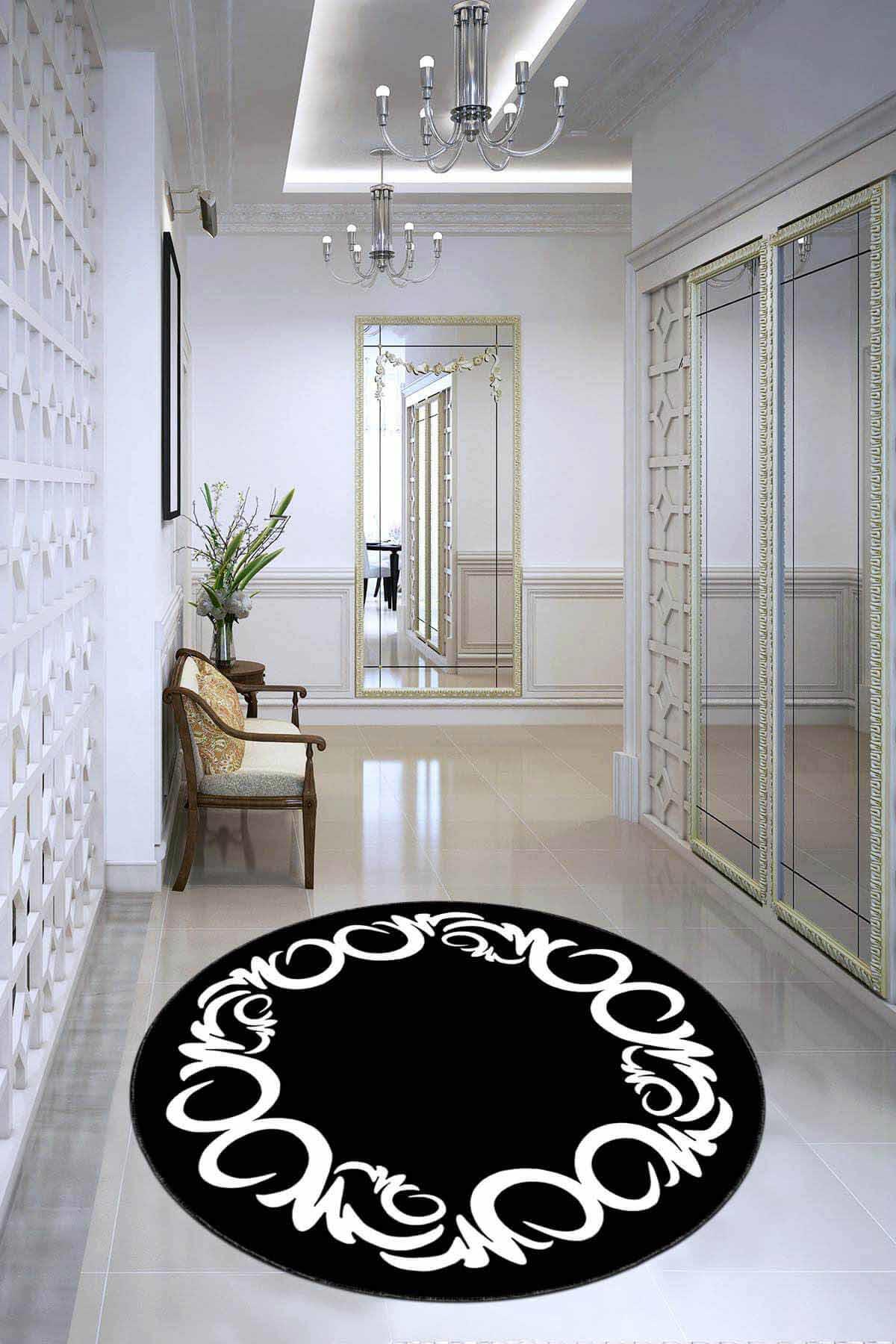 Viva Home AR595 Siyah 7 mm Mikropolyester Antibakteriyel Yıkanabilir Kalın Kaymaz Lateks Taban Yuvarlak Makine Dokuma Salon Halısı 100x200 cm