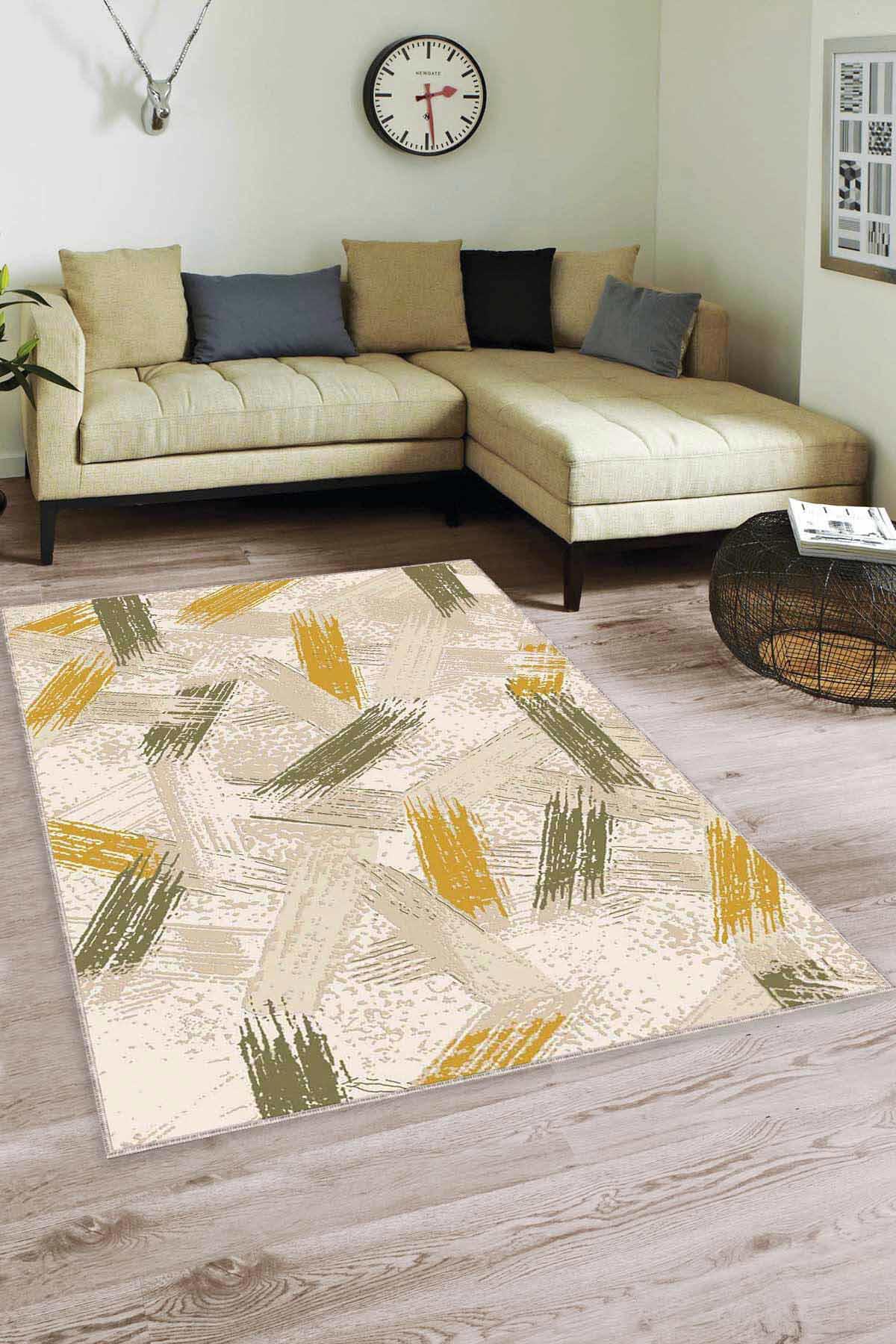 Viva Home FR07 Sarı-Yeşil 7 mm Mikropolyester Yalıtıma Yardımcı Yıkanabilir İnce Kaymaz Taban Dikdörtgen Makine Dokuma Antre-Salon-Yatak Odası Halısı 120x180 cm