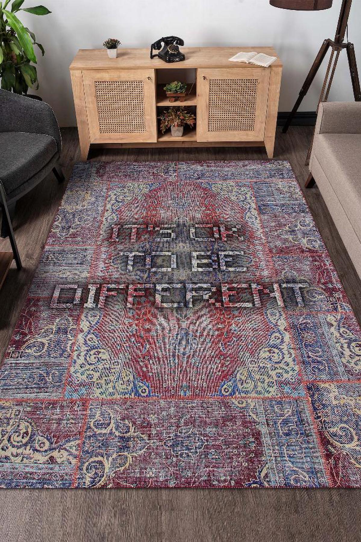 Homshtag Farklı Olmakta Sorun Yok Krem 4 mm Pamuk Antistatik Yıkanabilir İnce Kaymaz Dikdörtgen Makine Dokuma Salon Halısı 120x180 cm