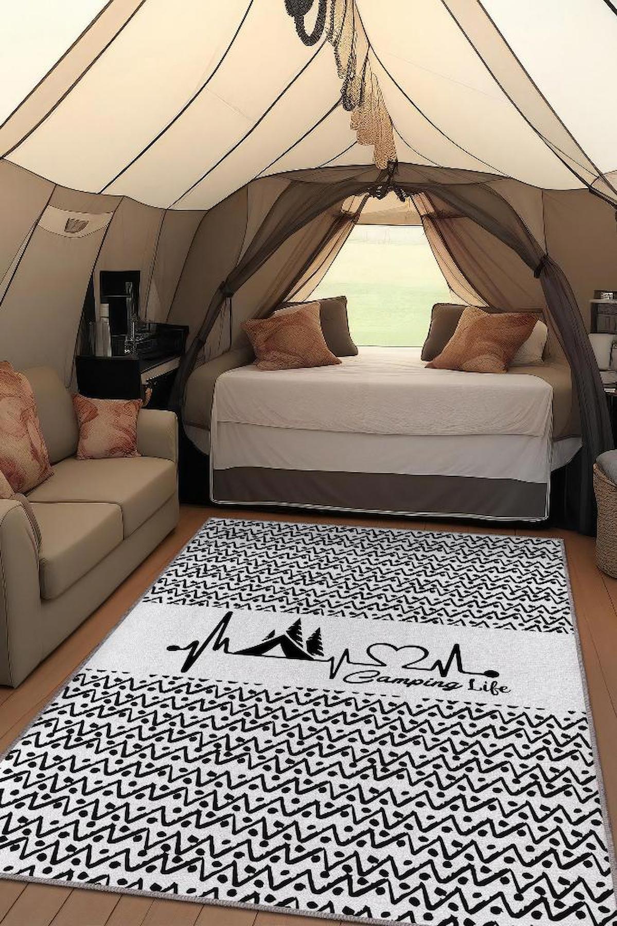 Homshtag Kamp Hayatı Krem 4 mm Pamuk Antistatik Yıkanabilir İnce Kaymaz Dikdörtgen Makine Dokuma Çadır-Karavan Halısı 80x200 cm