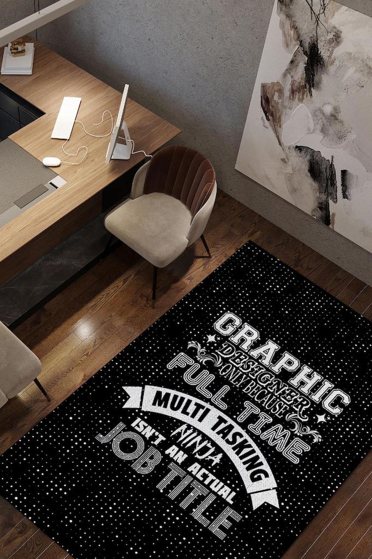 Homshtag Grafiker Ninja Çok Renkli 4 mm Pamuk Antistatik Yıkanabilir İnce Kaymaz Dikdörtgen Makine Dokuma Ofis Halısı 100x150 cm