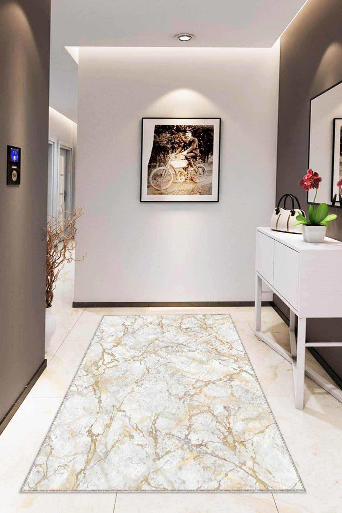 Viva Home AR047 Bej 7 mm Mikropolyester Antibakteriyel Yıkanabilir İnce Kaymaz Taban Dikdörtgen Makine Dokuma Halı 160x300 cm