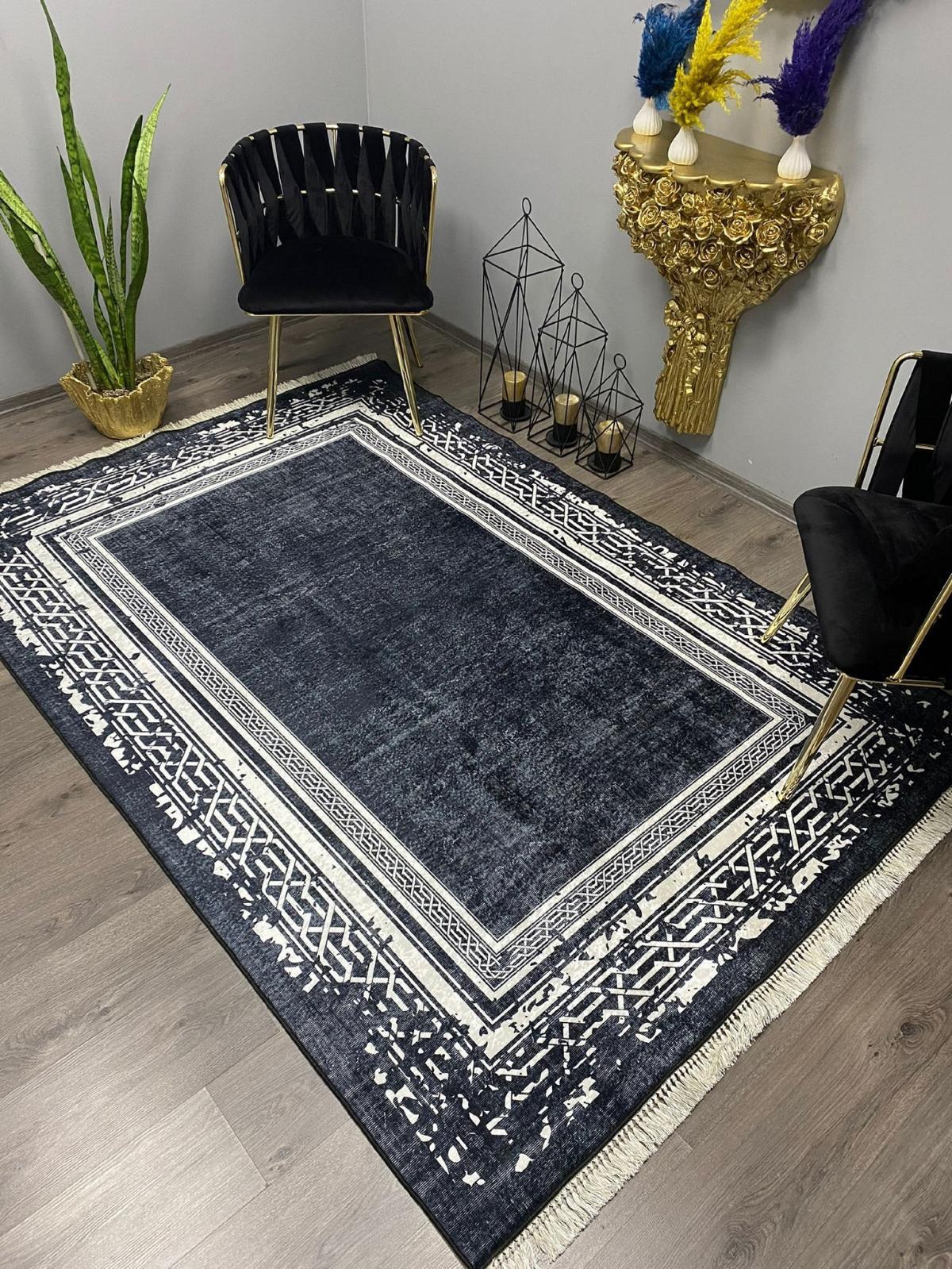 Halı Furyası Lalin Beyaz - Siyah 8 mm Polyester Antialerjenik Yıkanabilir İnce Kaymaz Deri Taban Dikdörtgen Makine Dokuma Salon Halısı 200x290 cm