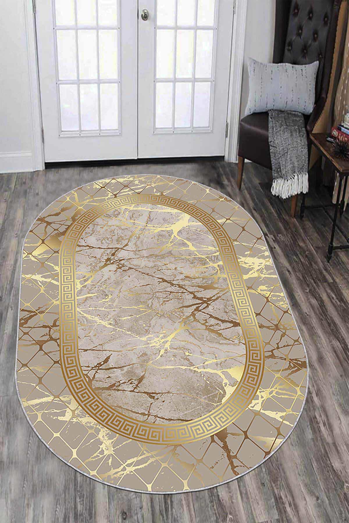 Viva Home AR753 Altın-Bej 7 mm Mikropolyester Yıkanabilir İnce Kaymaz Jüt Taban Oval Makine Dokuma Salon Halısı 200x290 cm