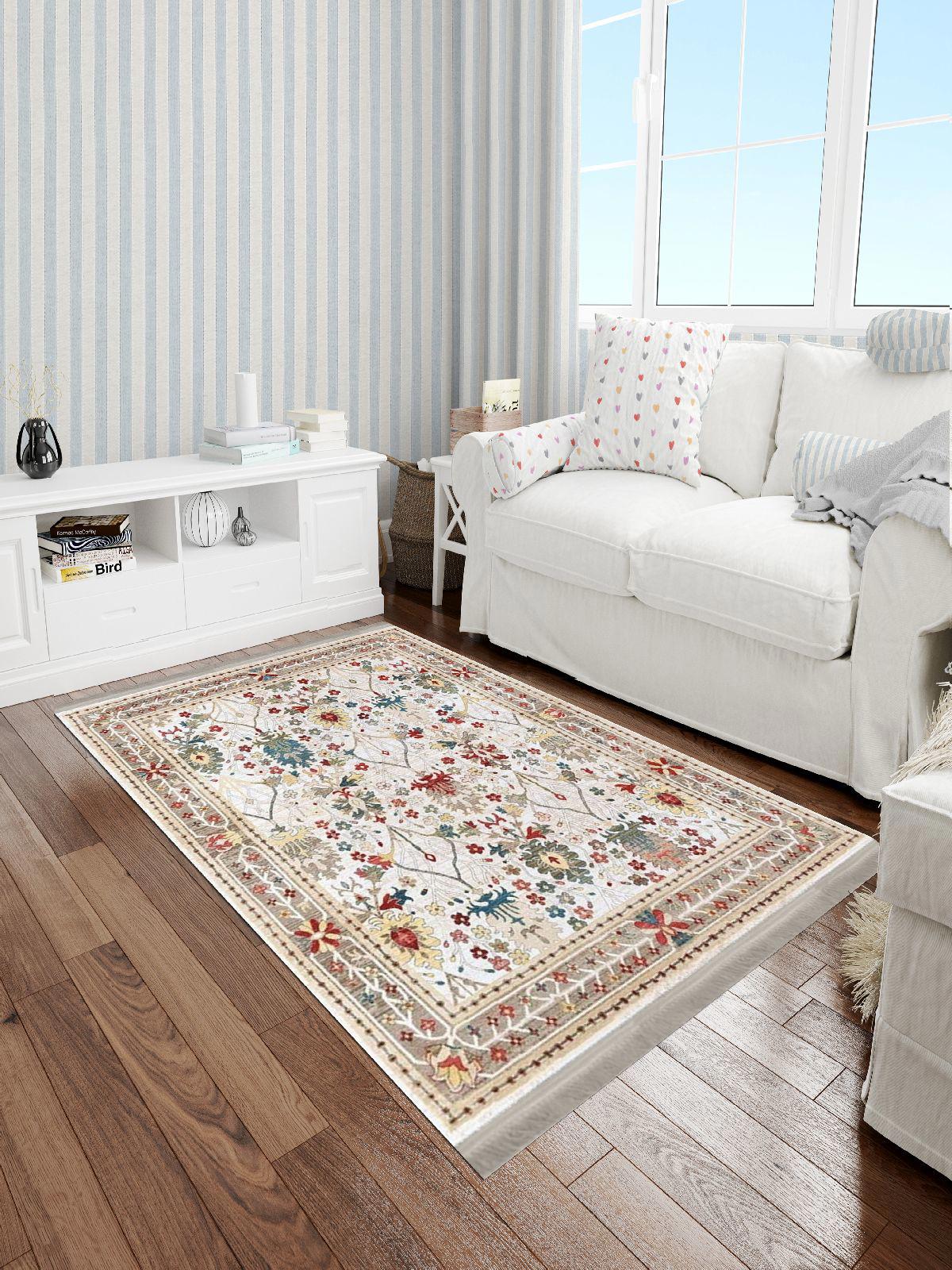 Enbe Collection E-FL2070A Krem 5 mm Pamuk Antibakteriyel Yıkanabilir Orta Kaymaz Dot Taban Dikdörtgen Makine Dokuma Oturma Odası Halısı 75x100 cm