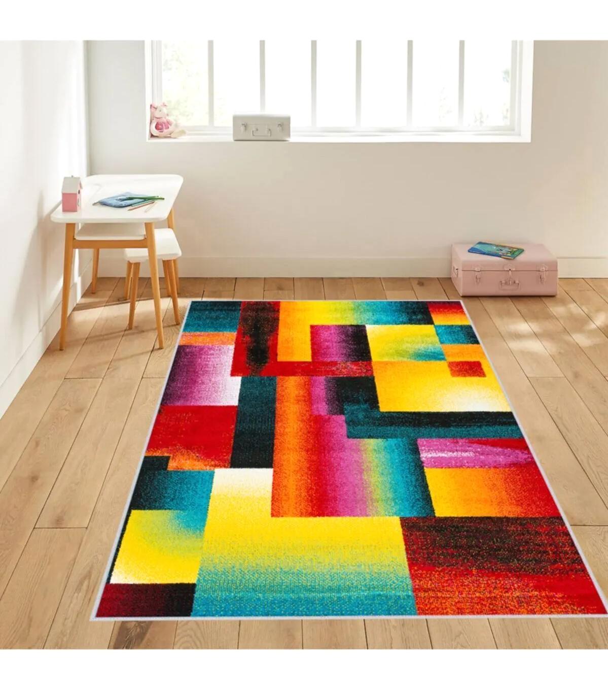 Rovigo Home RVG1099 Çok Renkli 8 mm Polyester Leke Tutmaz-Toz Tutmaz Yıkanabilir İnce Kaymaz Dot Taban Dikdörtgen Makine Dokuma Salon Halısı 160x230 cm
