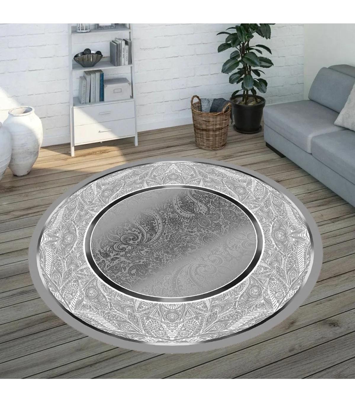 Rovigo Home RVG7318-SD1024 Gri 8 mm Polyester Antibakteriyel-Leke Tutmaz-Toz Tutmaz Yıkanabilir İnce Kaymaz Dot Taban Yuvarlak Makine Dokuma Salon Halısı 100x150 cm