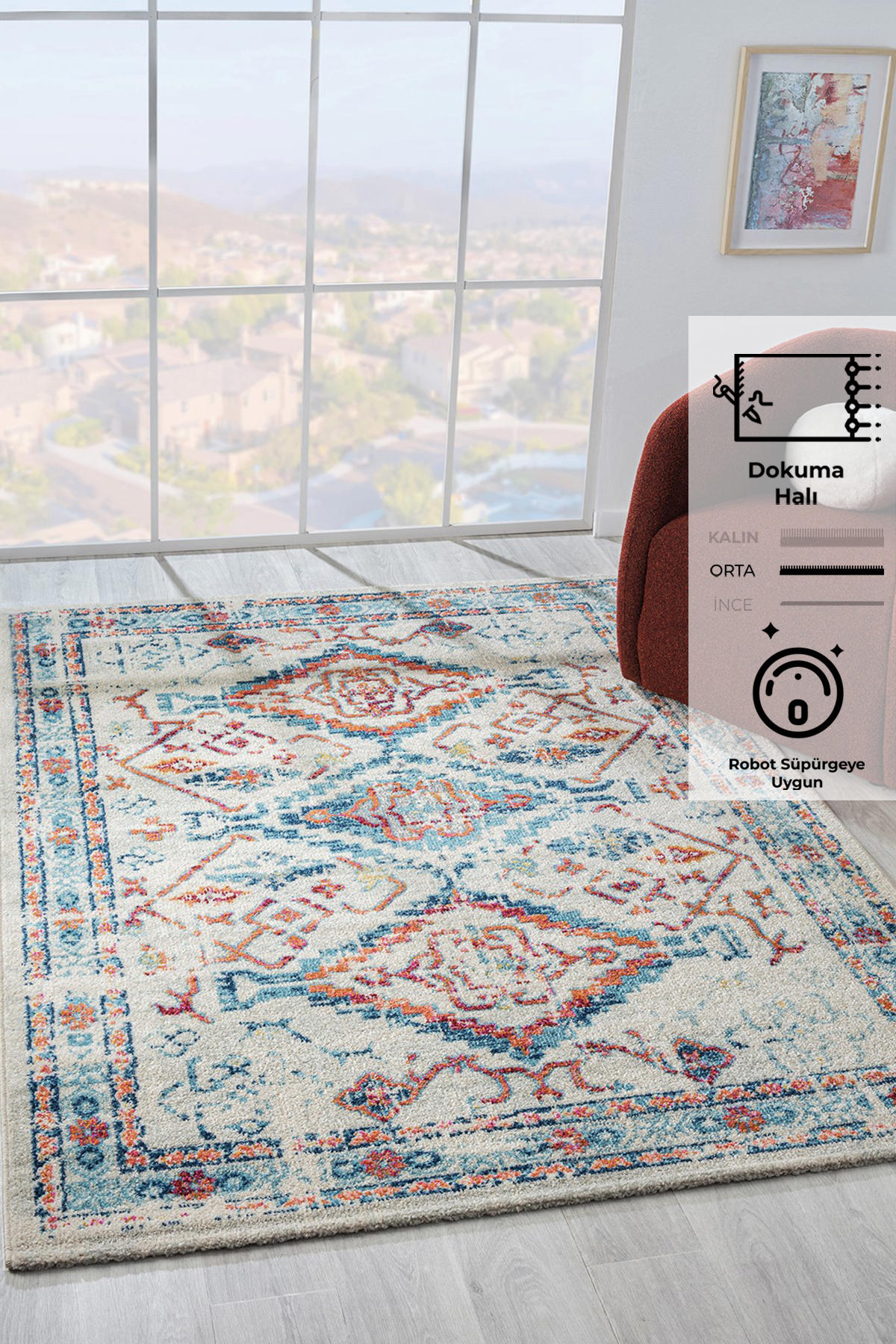 Konfor Halı Vintage 7661 Turkuaz 7 mm Polipropilen Yıkanabilir Dikdörtgen Makine Dokuma Salon Halısı 120x200 cm
