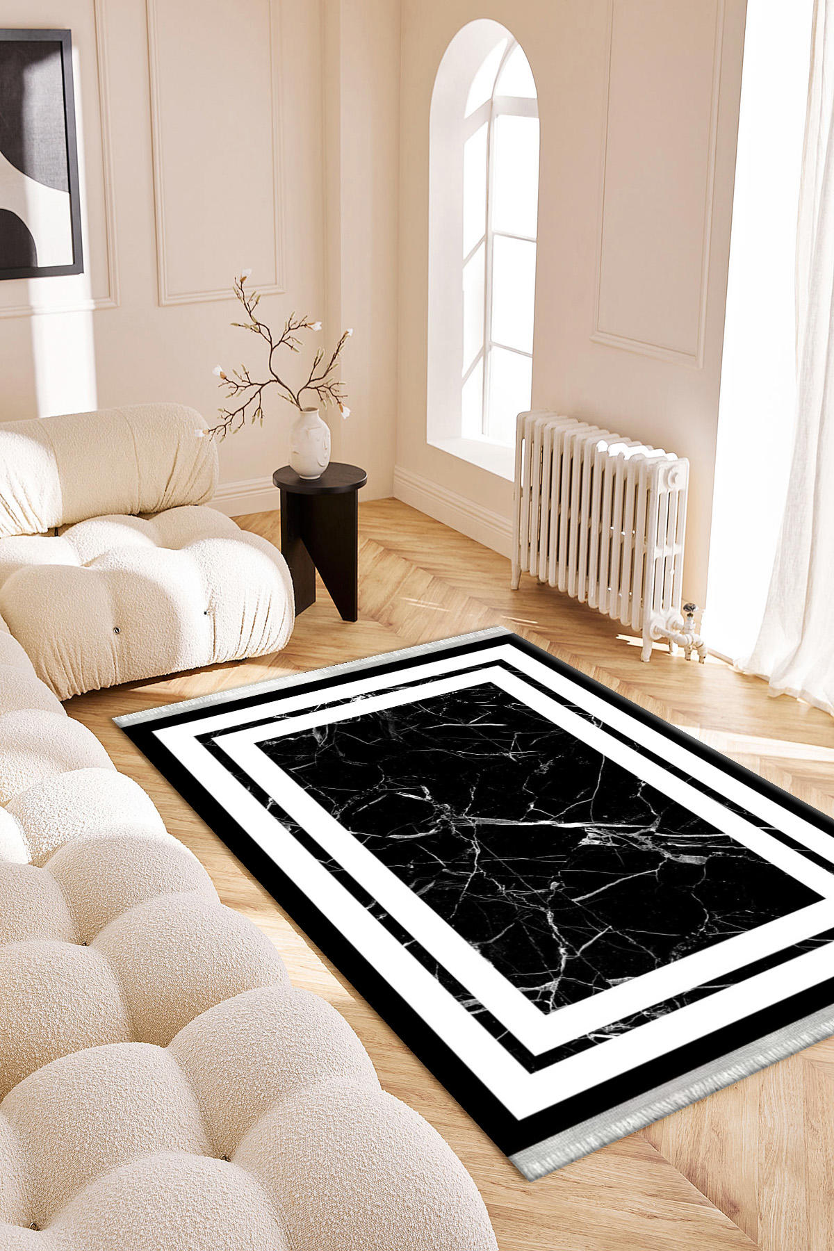 Roslyn Home Siyah 6 mm Polyester Toz Tutmaz Yıkanabilir İnce Kaymaz Dot Taban Dikdörtgen Makine Dokuma Salon Halısı 100x200 cm