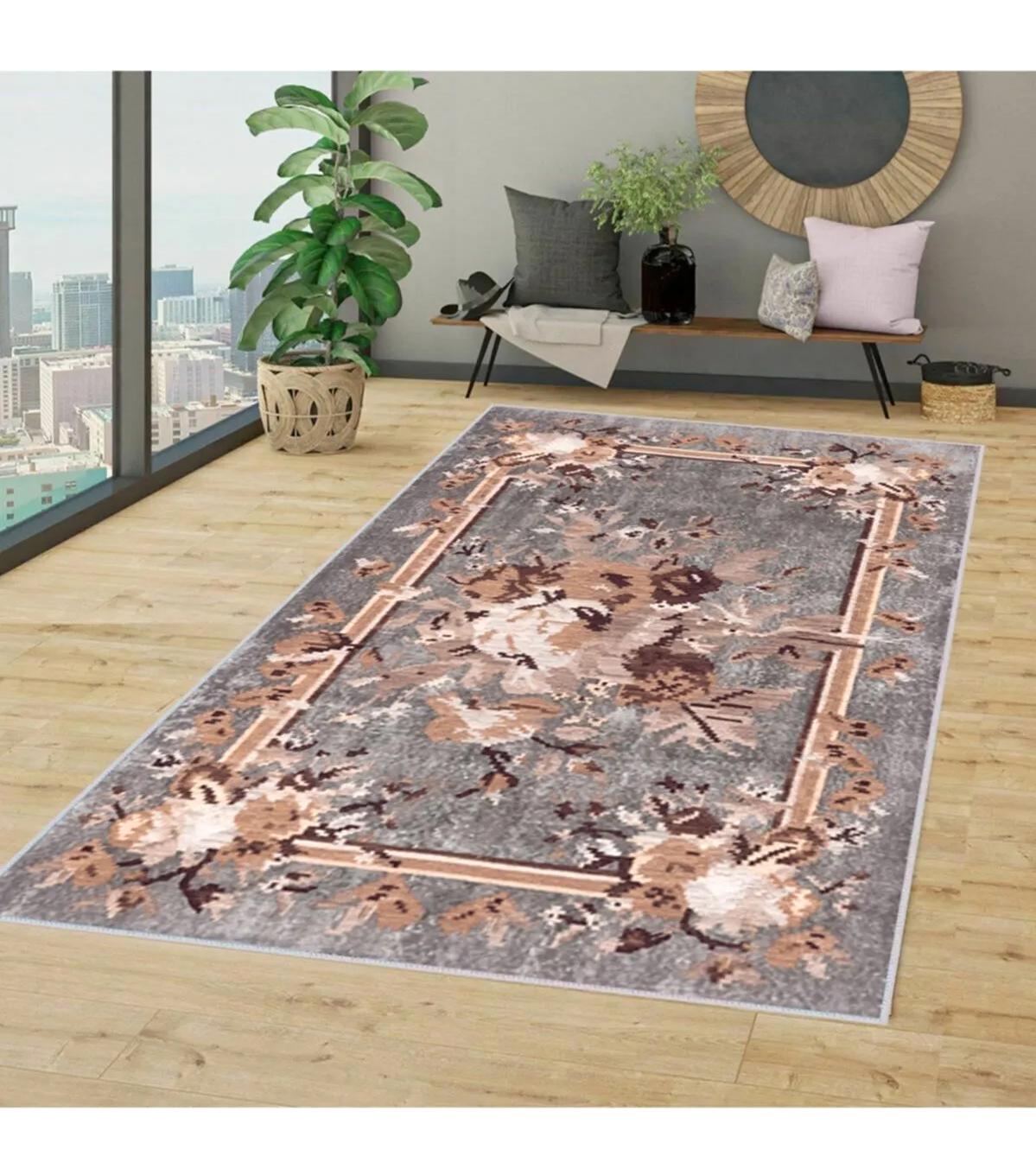 Rovigo Home RVG1332-HT153 Gri 8 mm Polyester Leke Tutmaz-Toz Tutmaz Yıkanabilir İnce Kaymaz Dot Taban Dikdörtgen Makine Dokuma Salon Halısı 160x280 cm